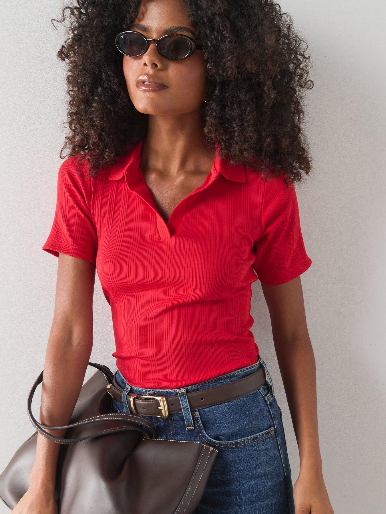 Image 5 of 7 of The Very Collection Women's Textured Short Sleeve Polo Tee - Red