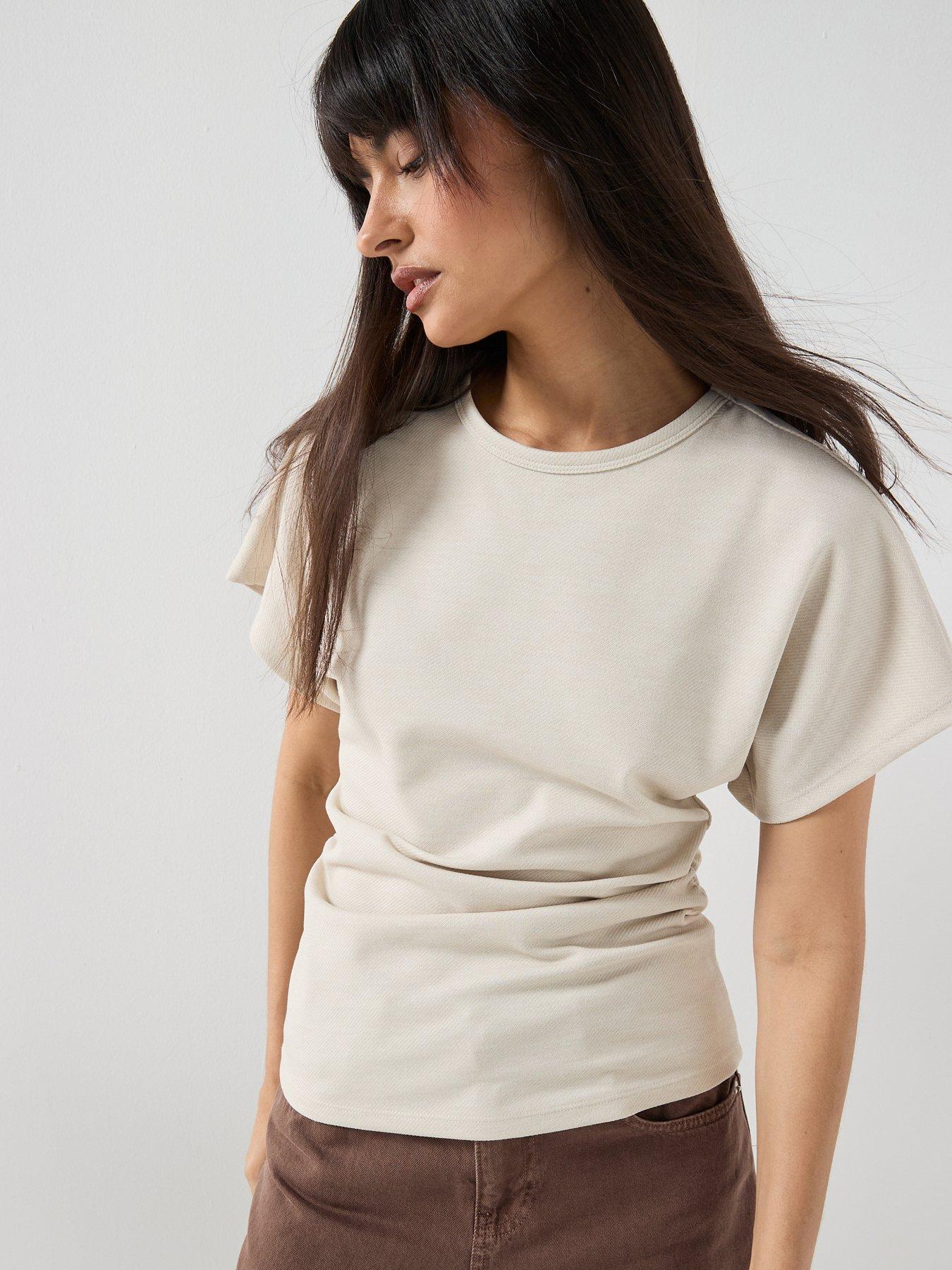 Only Atlas Short Sleeve Ruched Waist Waist Top - Stone