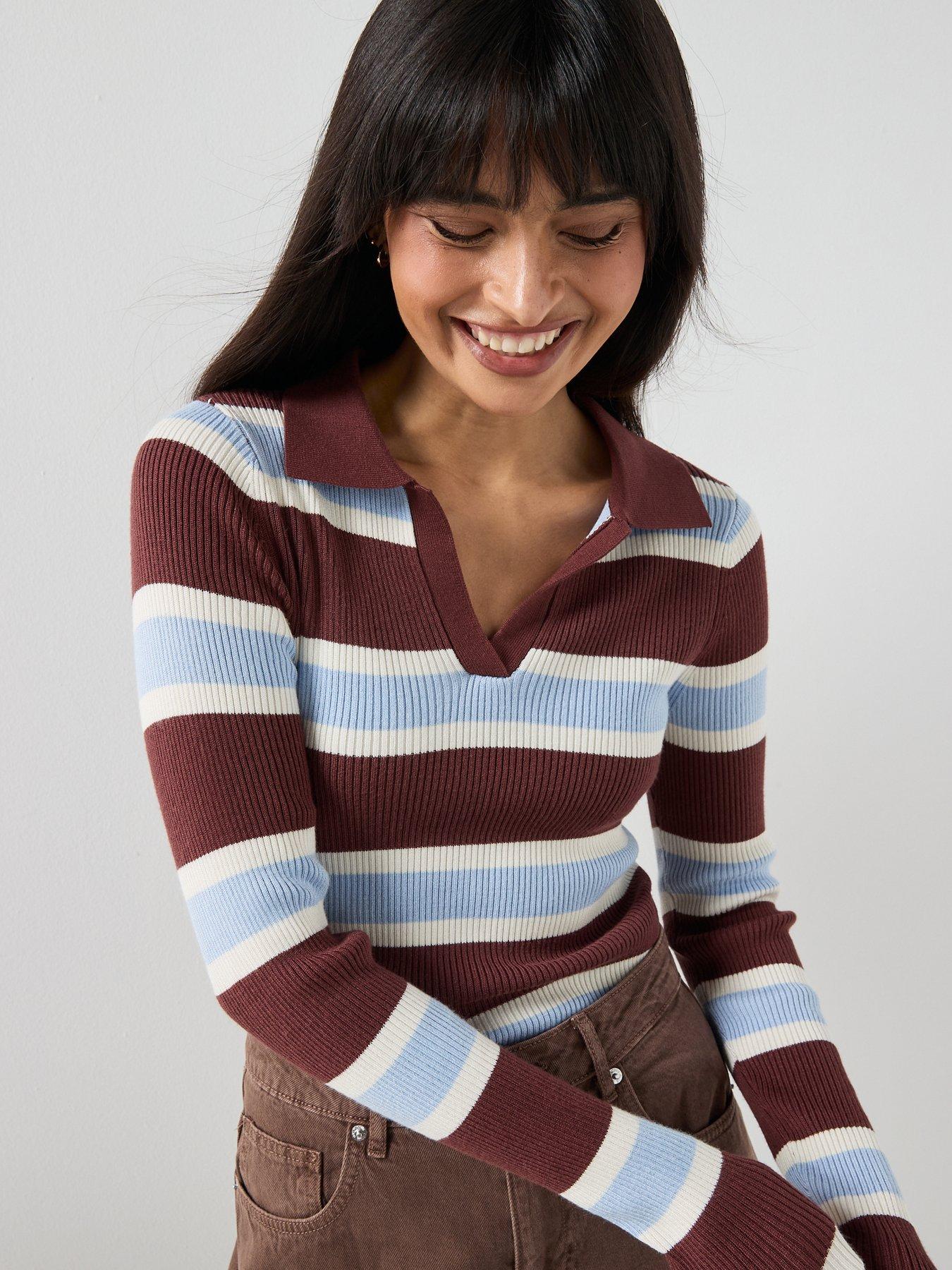 Image 6 of 6 of Only Onlatlas Long Sleeve Rib Polo Top - Blue/Brown
