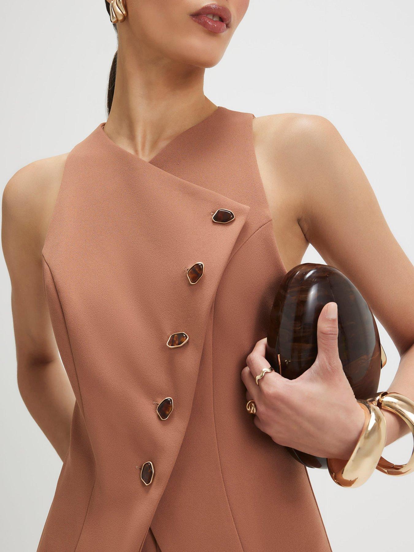 river-island-short-collarless-asymmetric-jumpsuit-brownoutfit