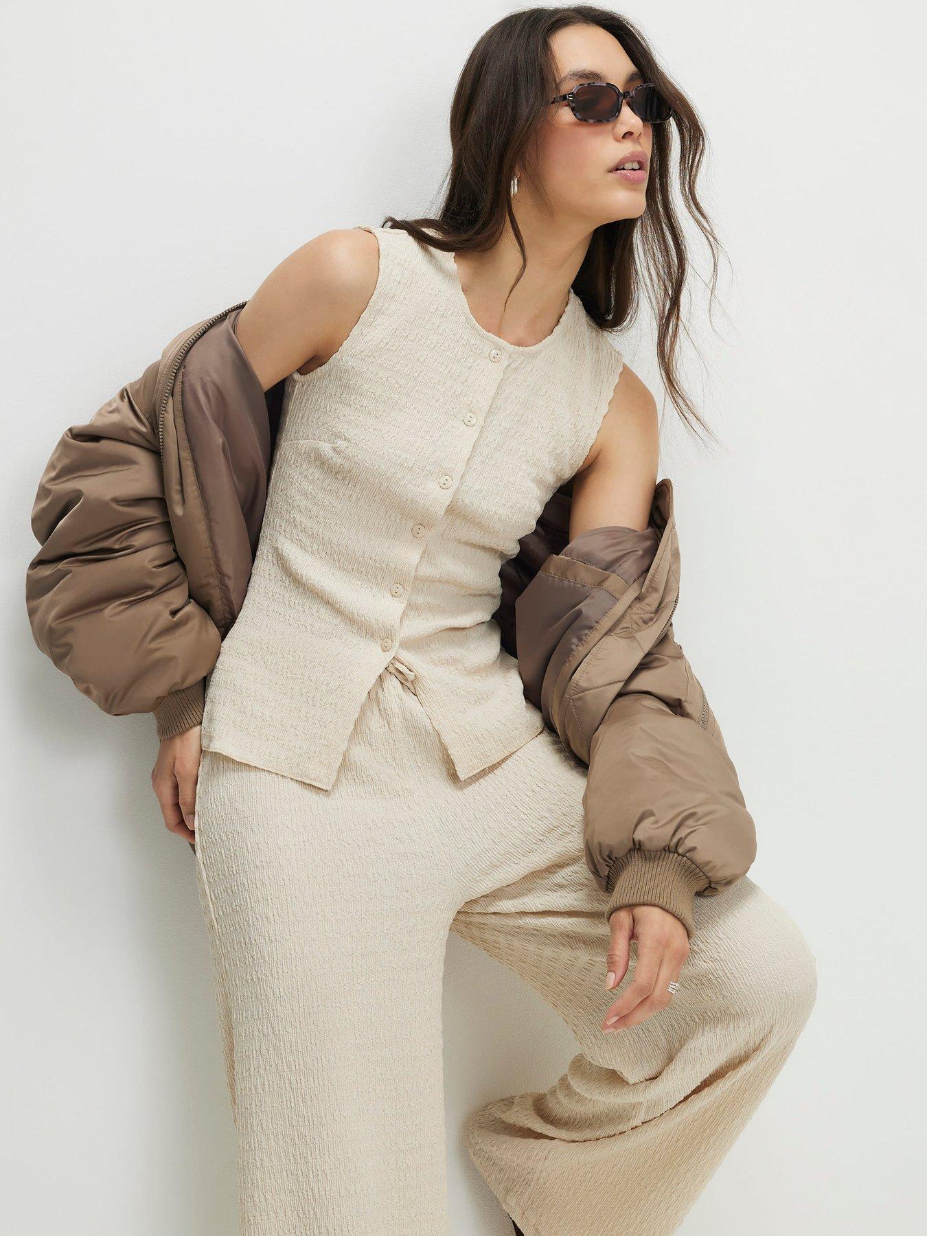 Image 4 of 4 of River Island Sleeveless Textured Button Through Top - Beige