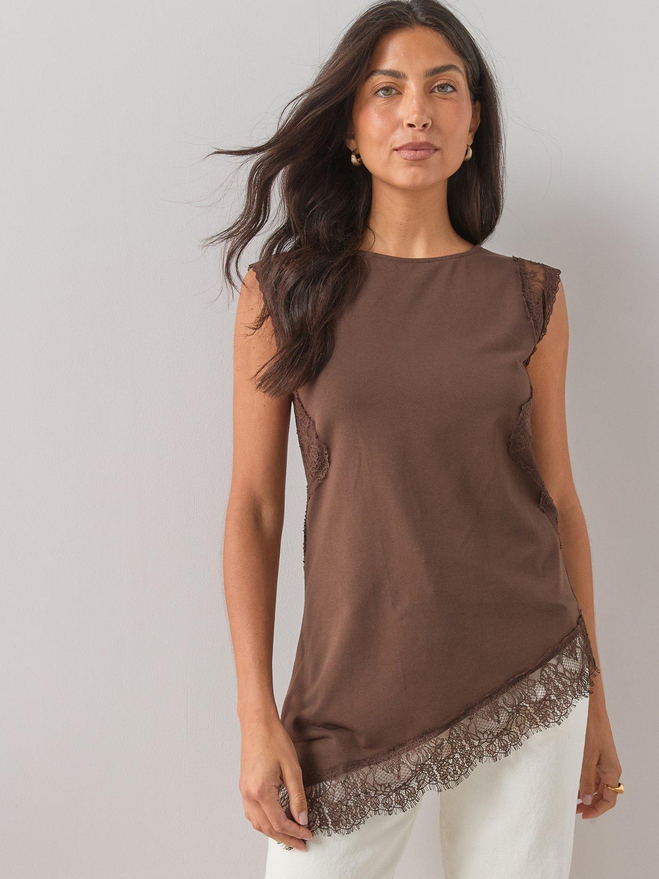 Image 1 of 7 of The Very Collection Lace Trim Longline Asymmetric Top - Brown