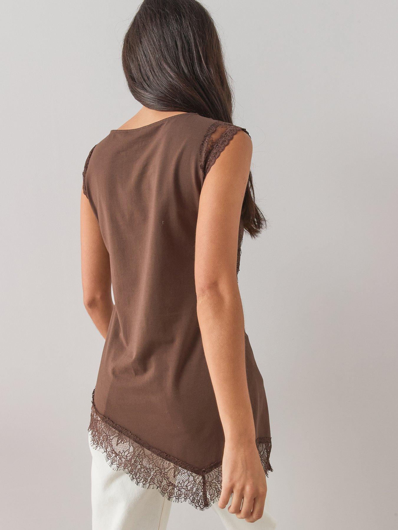 Image 2 of 7 of The Very Collection Lace Trim Longline Asymmetric Top - Brown