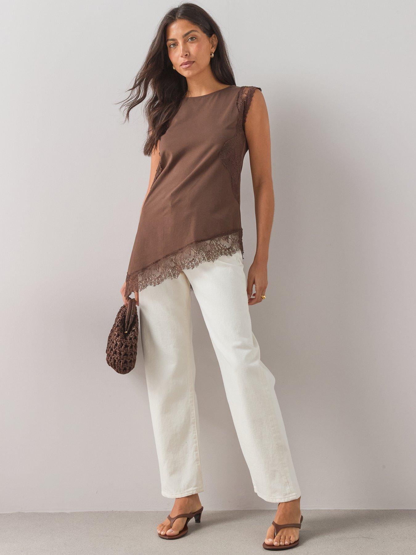 Image 3 of 7 of The Very Collection Lace Trim Longline Asymmetric Top - Brown