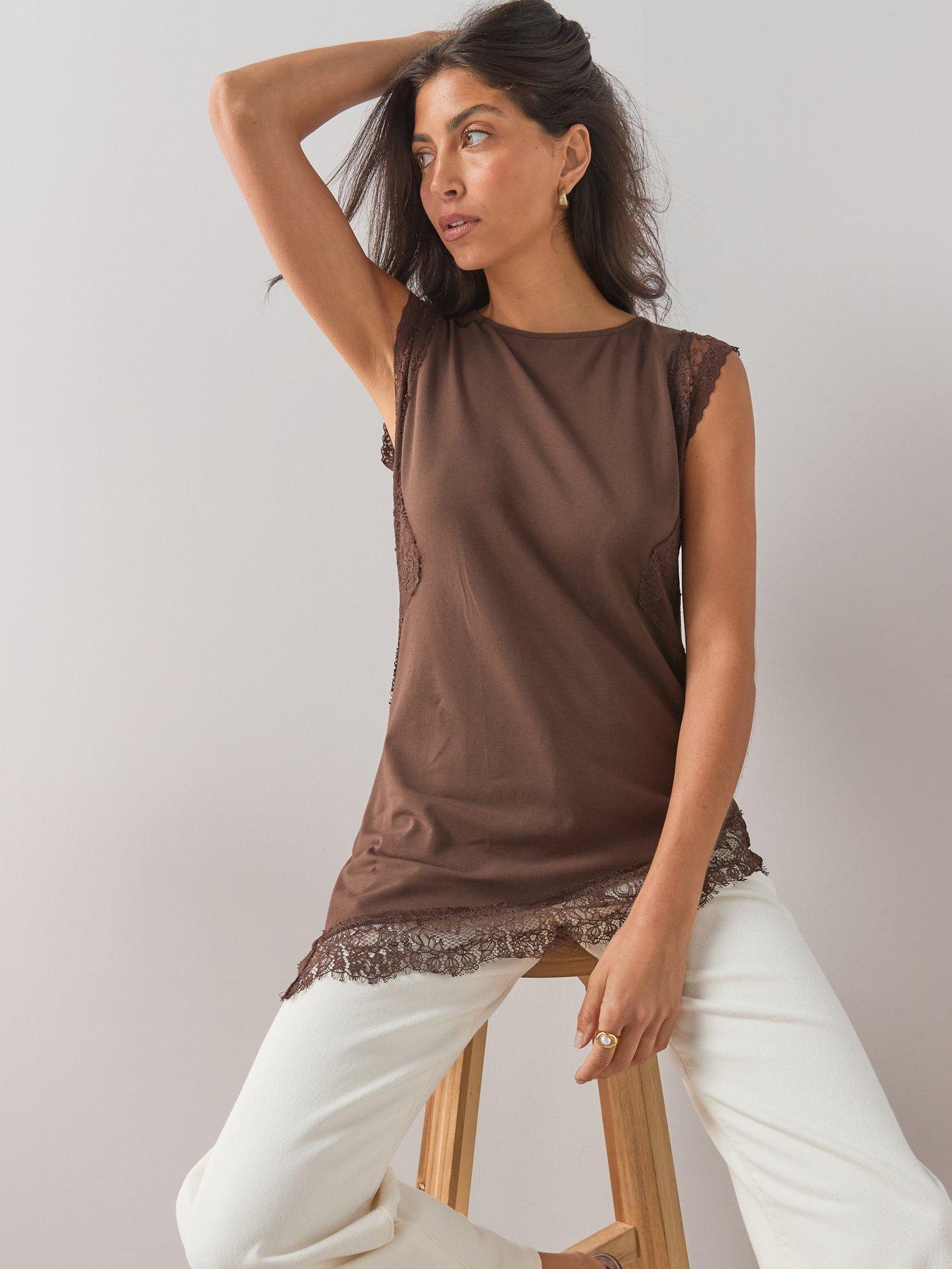 Image 5 of 7 of The Very Collection Lace Trim Longline Asymmetric Top - Brown