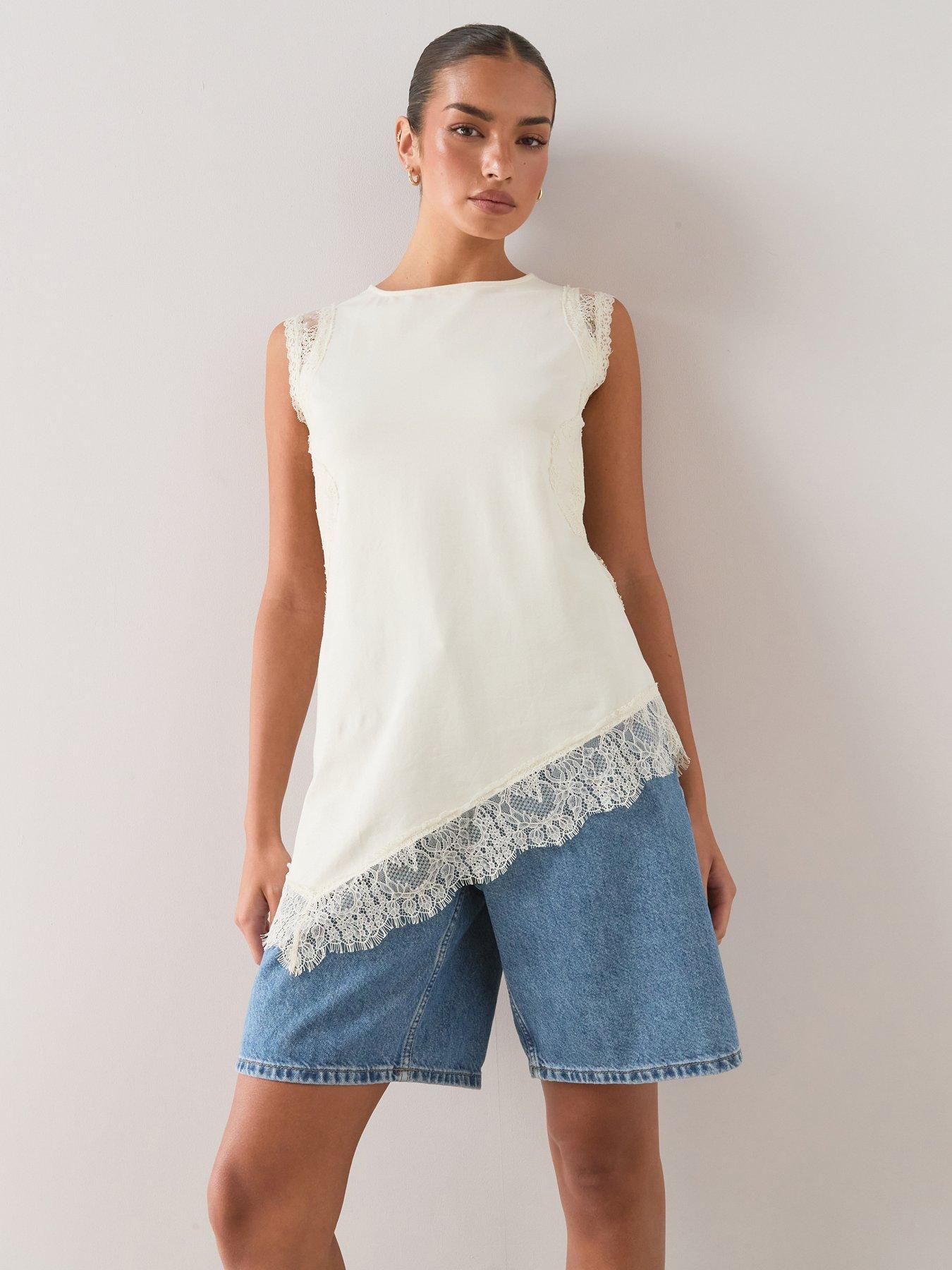 Image 1 of 7 of The Very Collection Lace Trim Longline Asymmetric Top - Yellow
