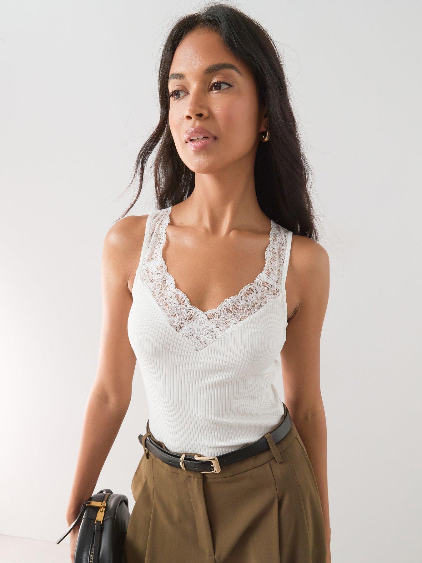 Image 1 of 7 of The Very Collection Lace Trim V Neck Rib Vest - Ivory