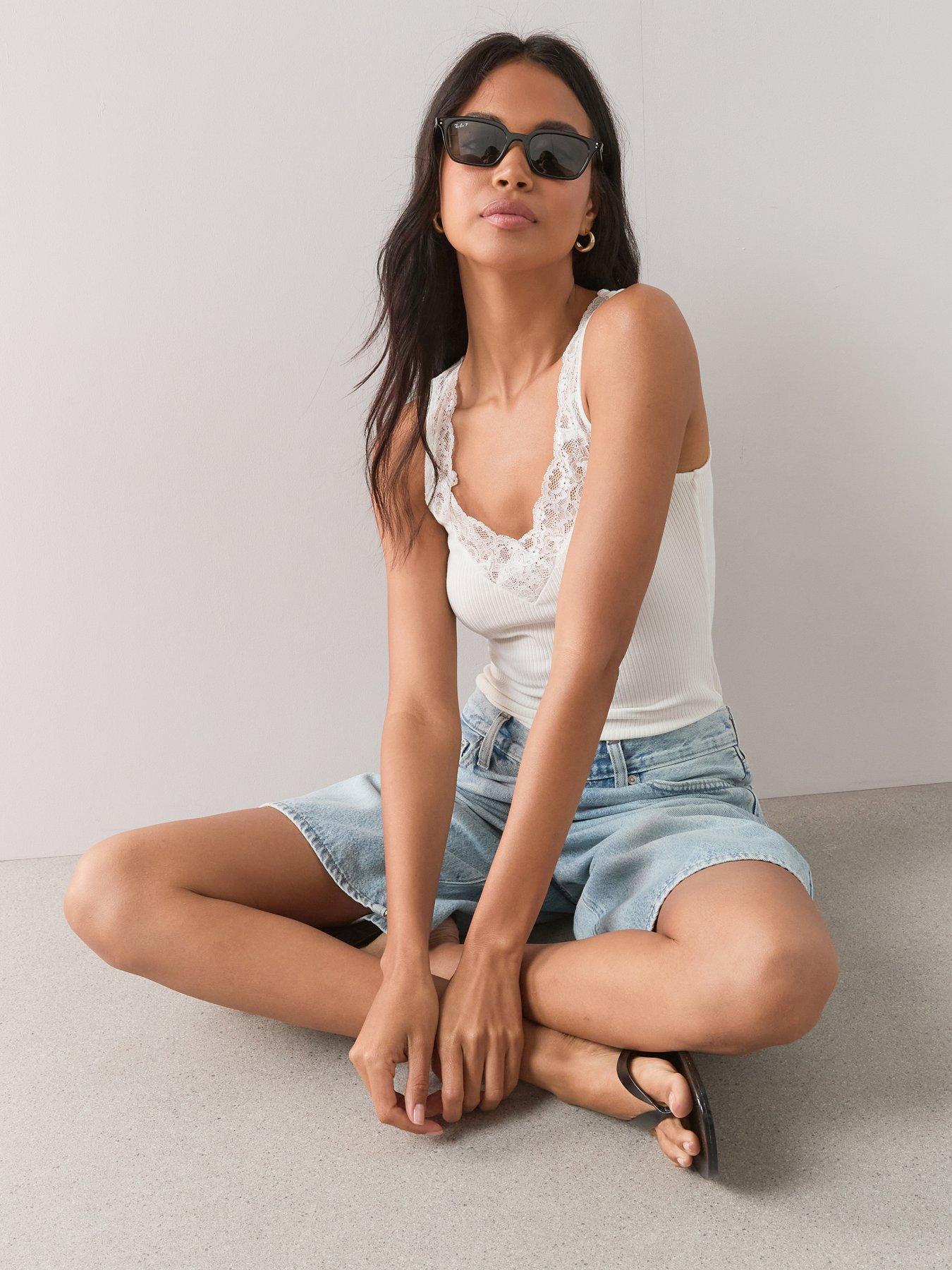 Image 4 of 7 of The Very Collection Lace Trim V Neck Rib Vest - Ivory