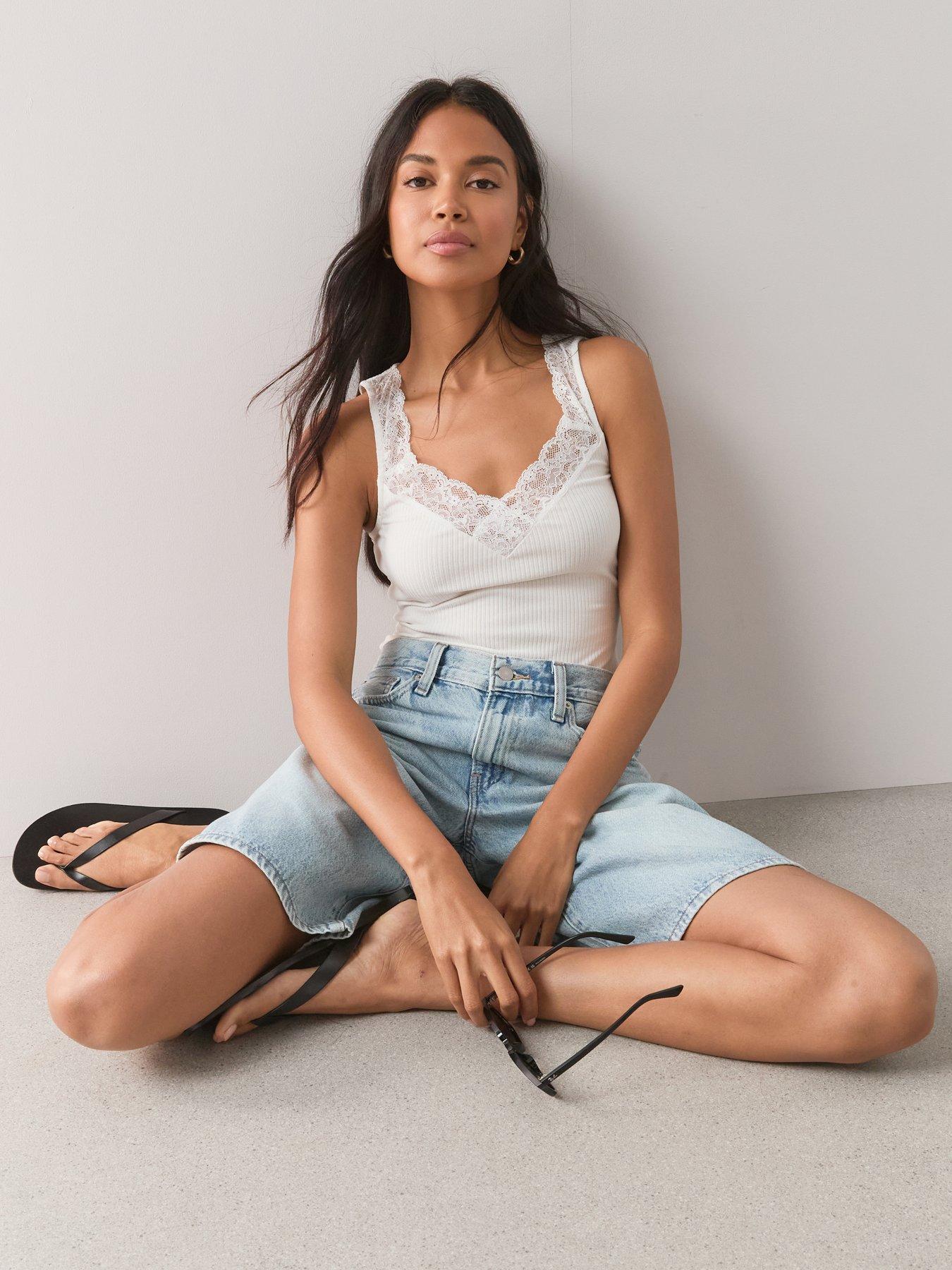 Image 6 of 7 of The Very Collection Lace Trim V Neck Rib Vest - Ivory