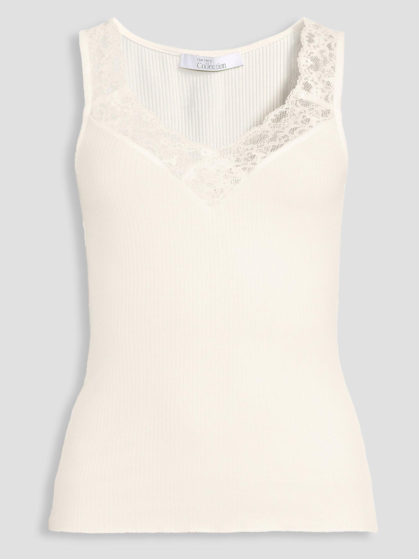 Image 7 of 7 of The Very Collection Lace Trim V Neck Rib Vest - Ivory