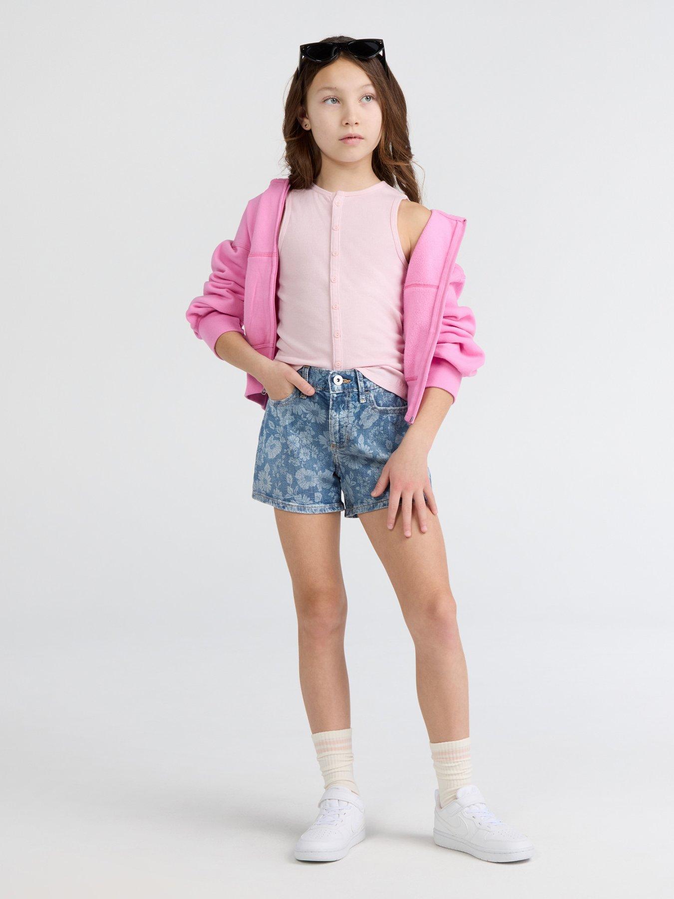 Image 1 of 7 of Abercrombie & Fitch Girls High Rise Relaxed Floral Denim Shorts - Blue