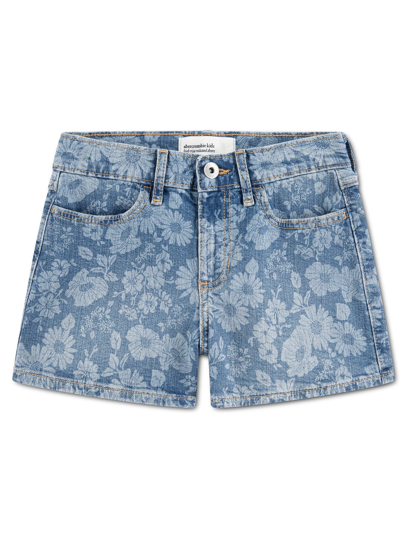 Image 2 of 7 of Abercrombie & Fitch Girls High Rise Relaxed Floral Denim Shorts - Blue