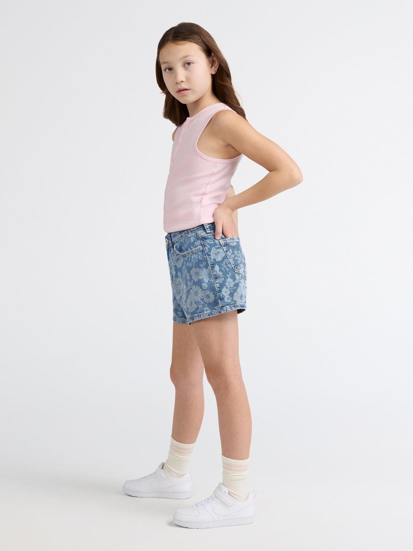 Image 6 of 7 of Abercrombie & Fitch Girls High Rise Relaxed Floral Denim Shorts - Blue