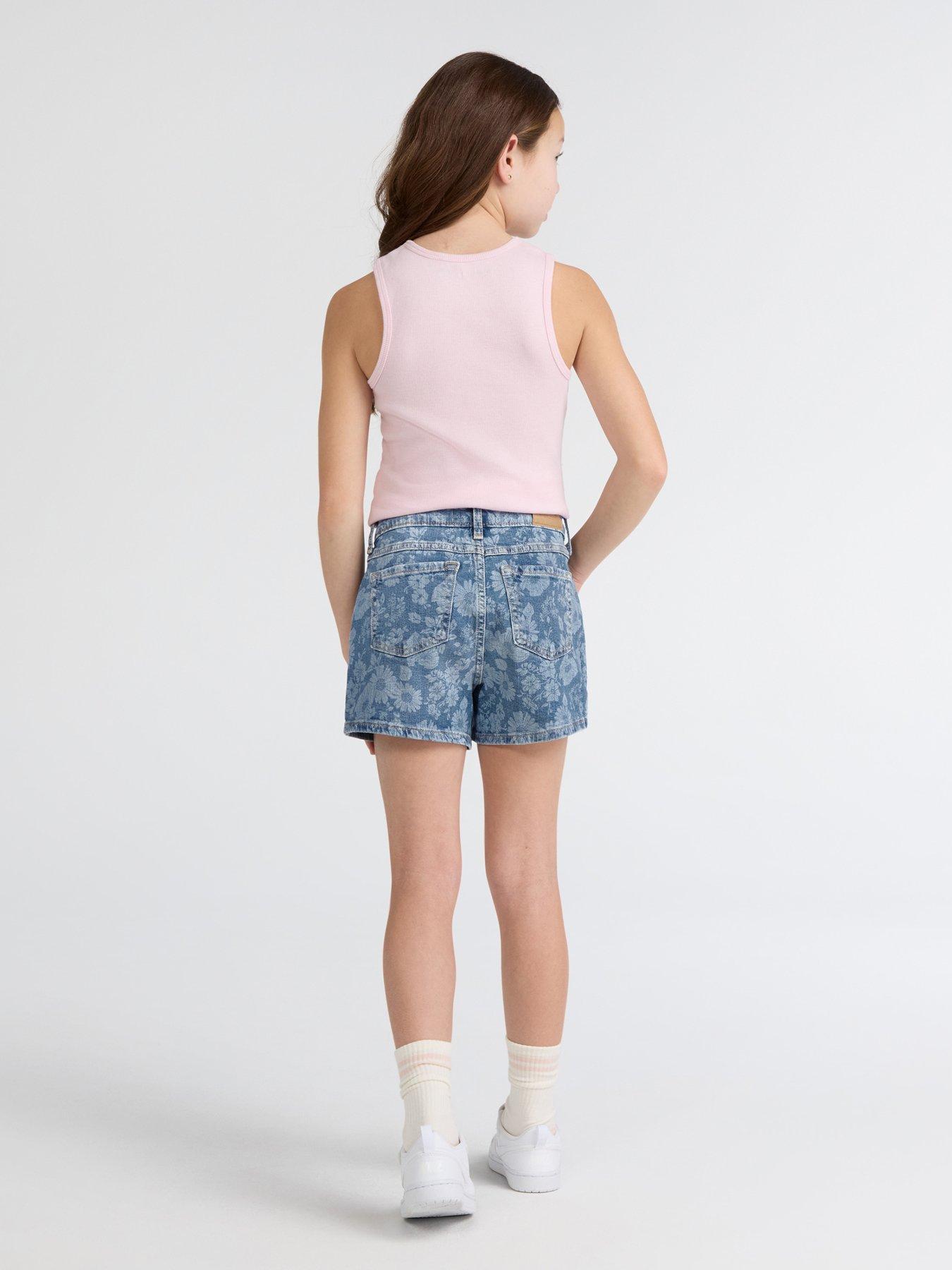 Image 7 of 7 of Abercrombie & Fitch Girls High Rise Relaxed Floral Denim Shorts - Blue