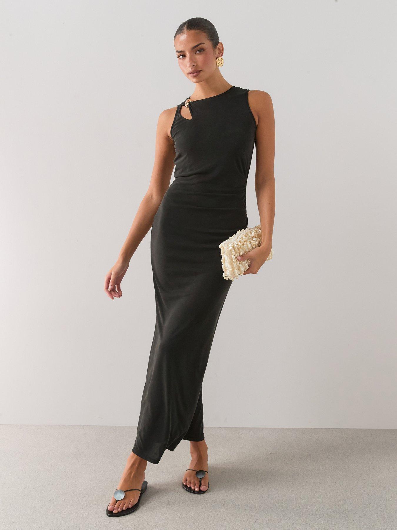 Image 1 of 7 of The Very Collection Gold Trim Ruched Midi Dress- Black