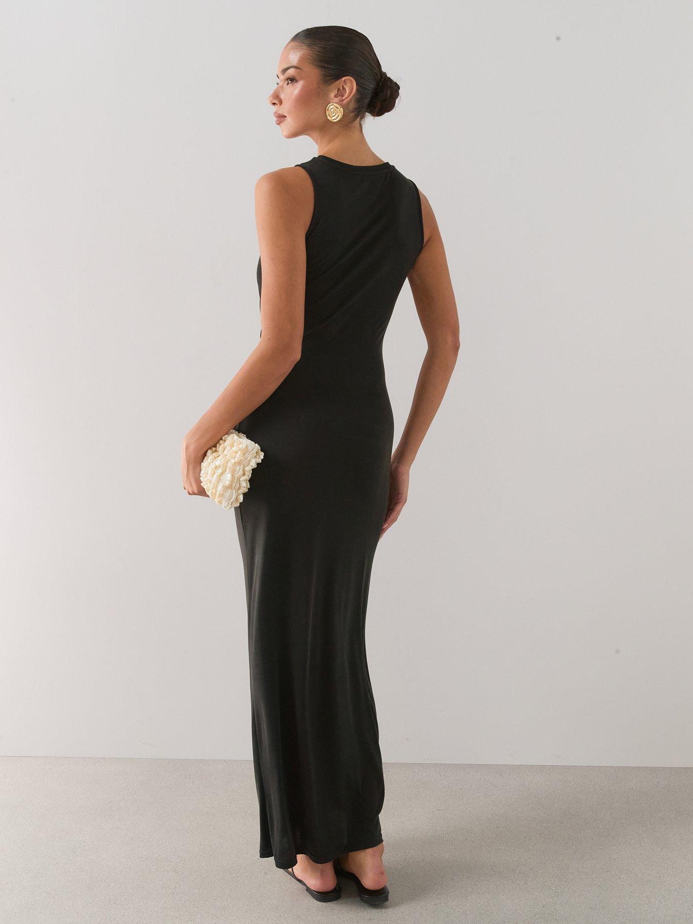 Image 2 of 7 of The Very Collection Gold Trim Ruched Midi Dress- Black