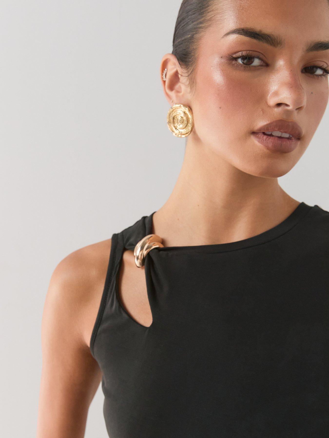 Image 6 of 7 of The Very Collection Gold Trim Ruched Midi Dress- Black