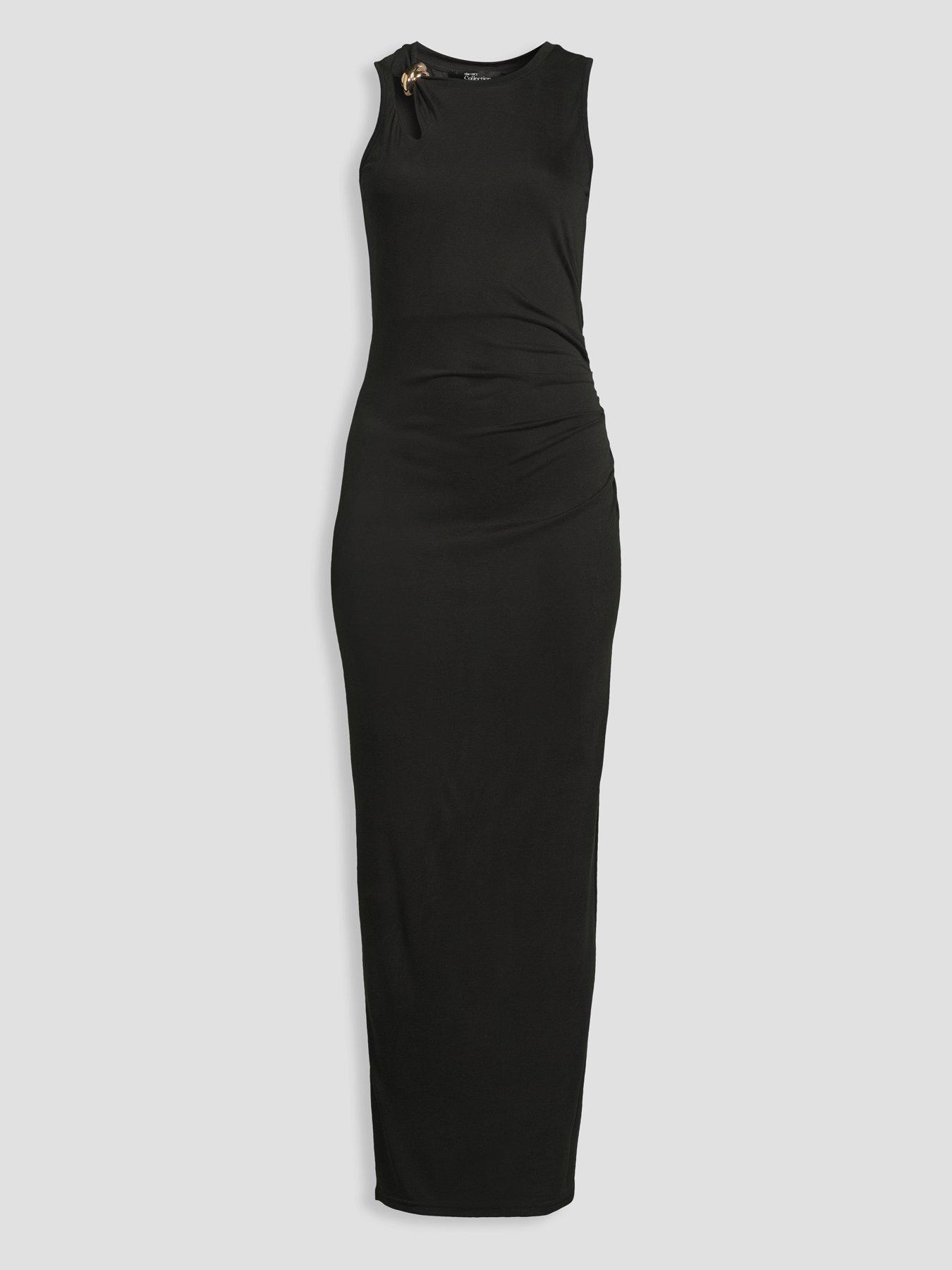 Image 7 of 7 of The Very Collection Gold Trim Ruched Midi Dress- Black