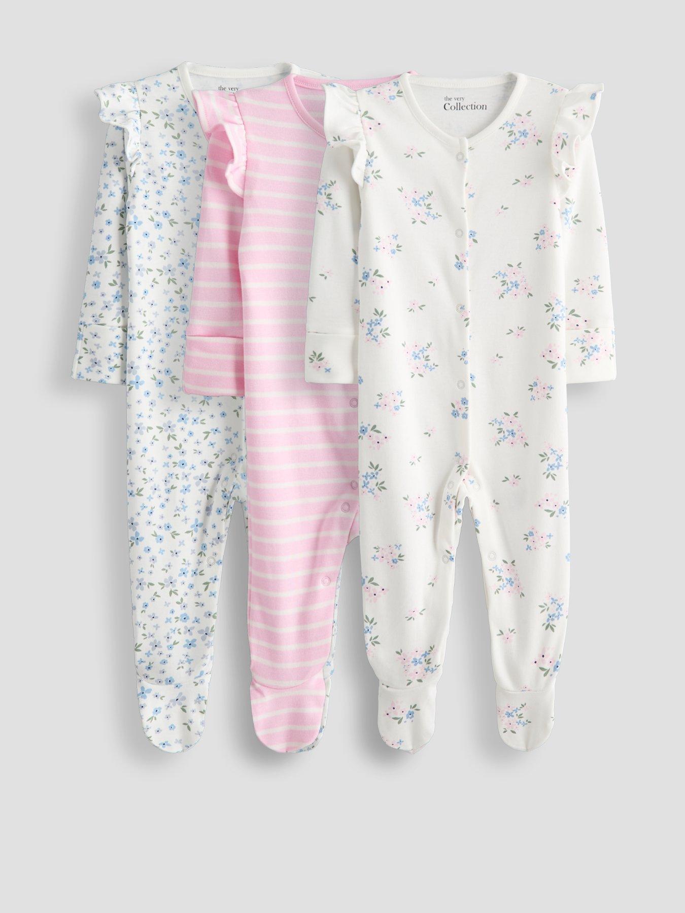 The Very Collection Baby Girl 3 Pack Ditsy Print Frill Shoulder Sleepsuits (0-3 Months - 18-24 Months) - Blue/Pink