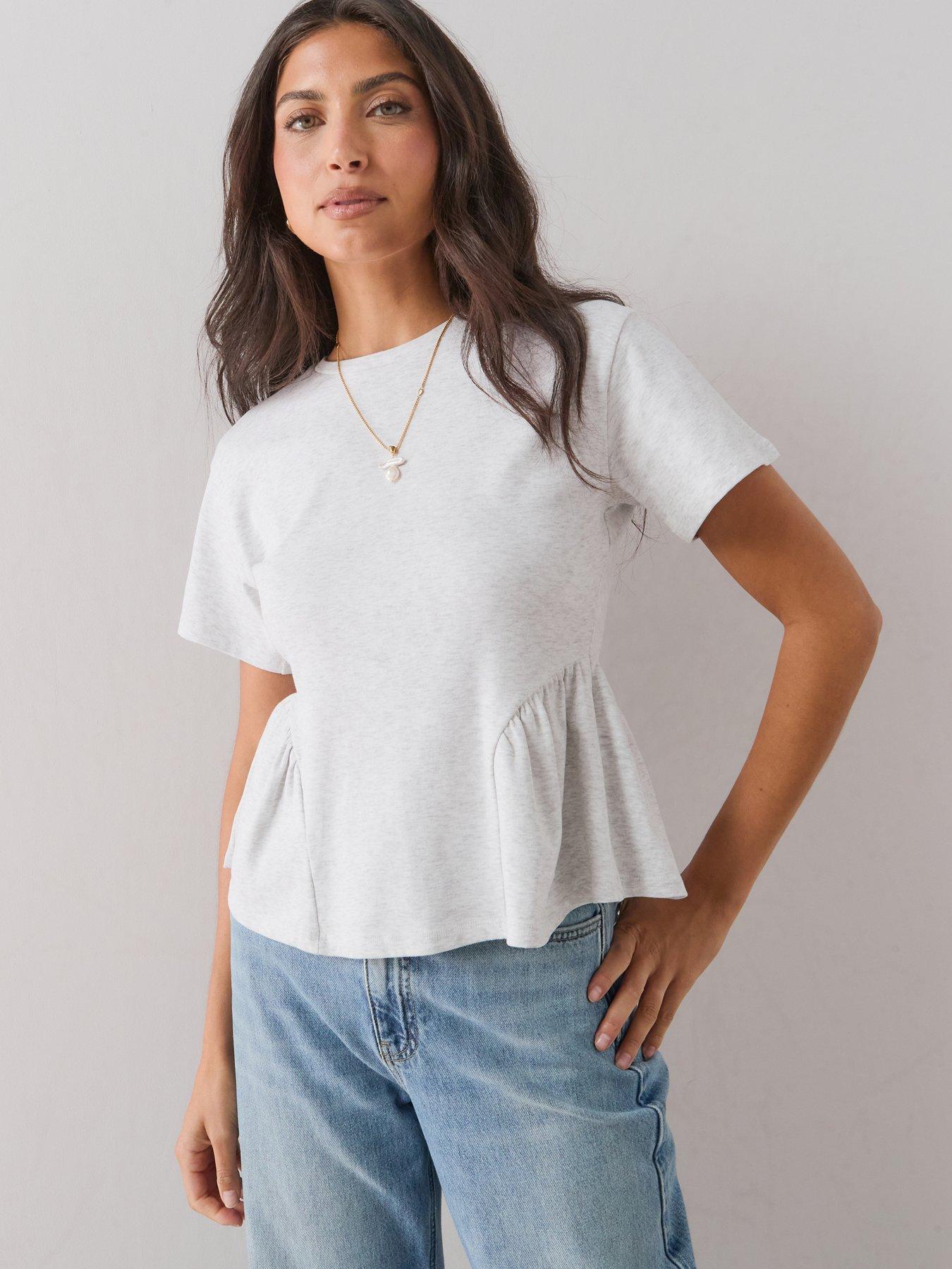 Image 1 of 7 of The Very Collection Peplum Cotton T-Shirt - Grey Marl