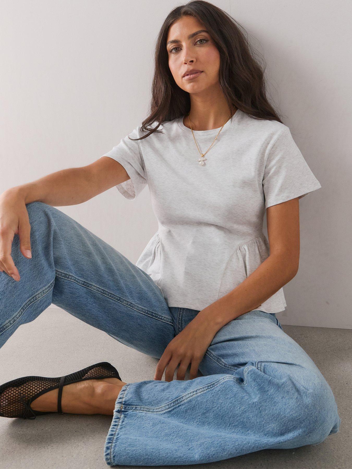 Image 4 of 7 of The Very Collection Peplum Cotton T-Shirt - Grey Marl