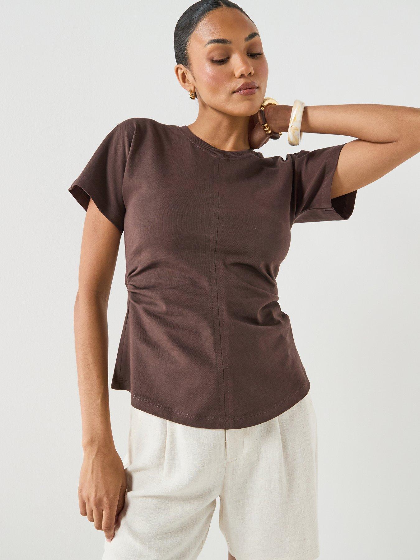 only-only-ruched-side-t-shirt-brownfront