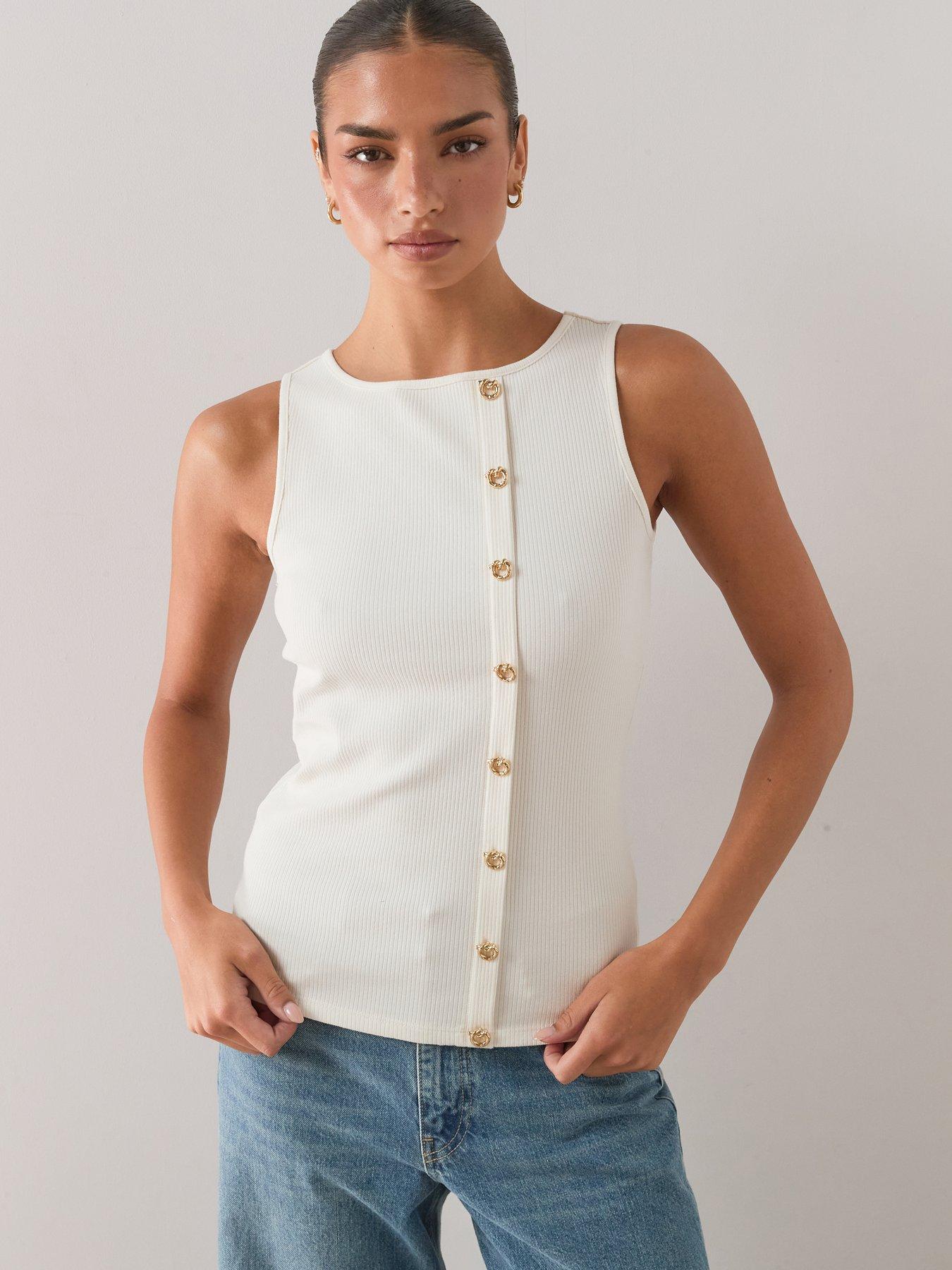Image 1 of 7 of The Very Collection Gold Button Ribbed Tank Top - Cream