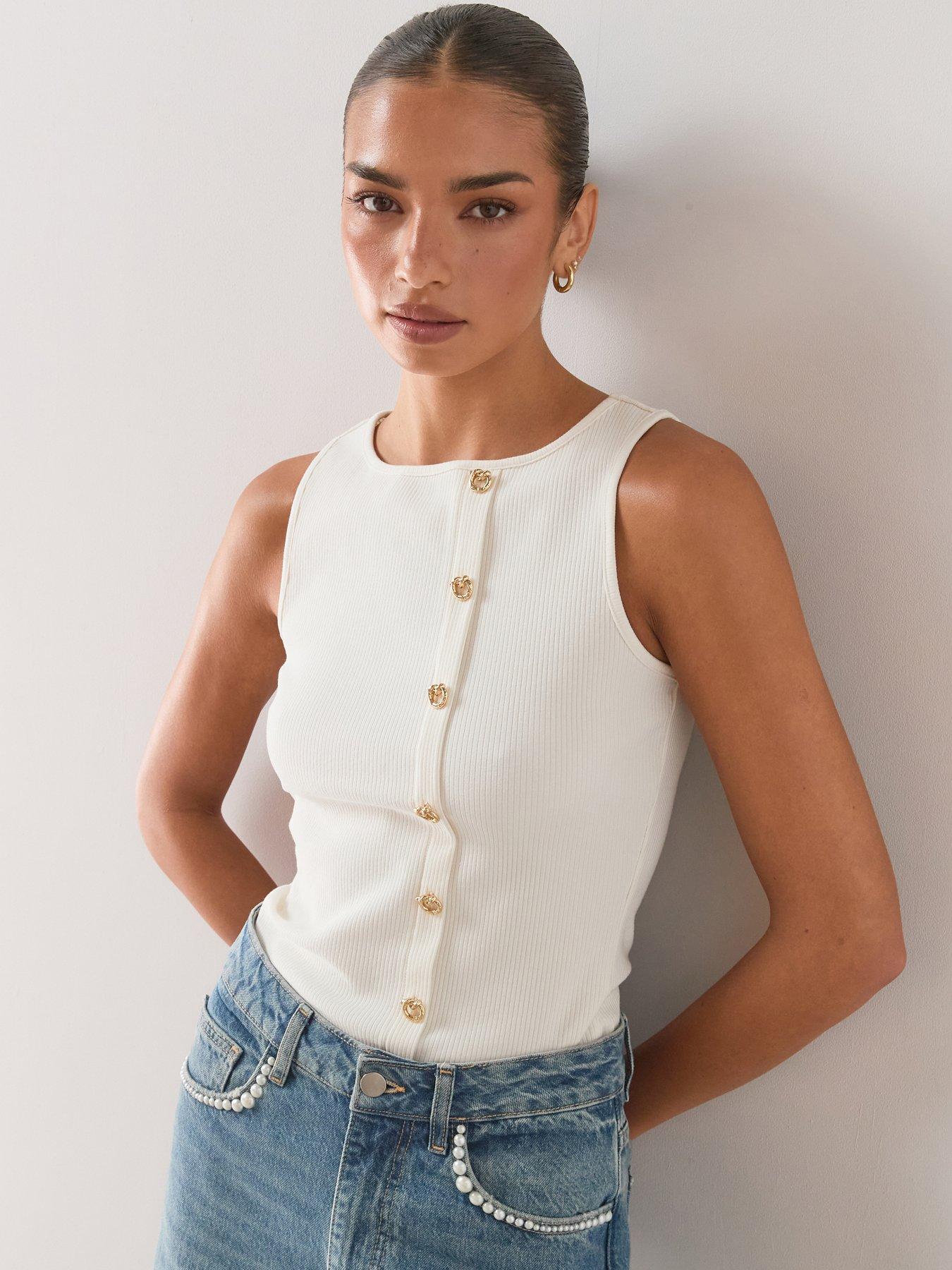 Image 6 of 7 of The Very Collection Gold Button Ribbed Tank Top - Cream