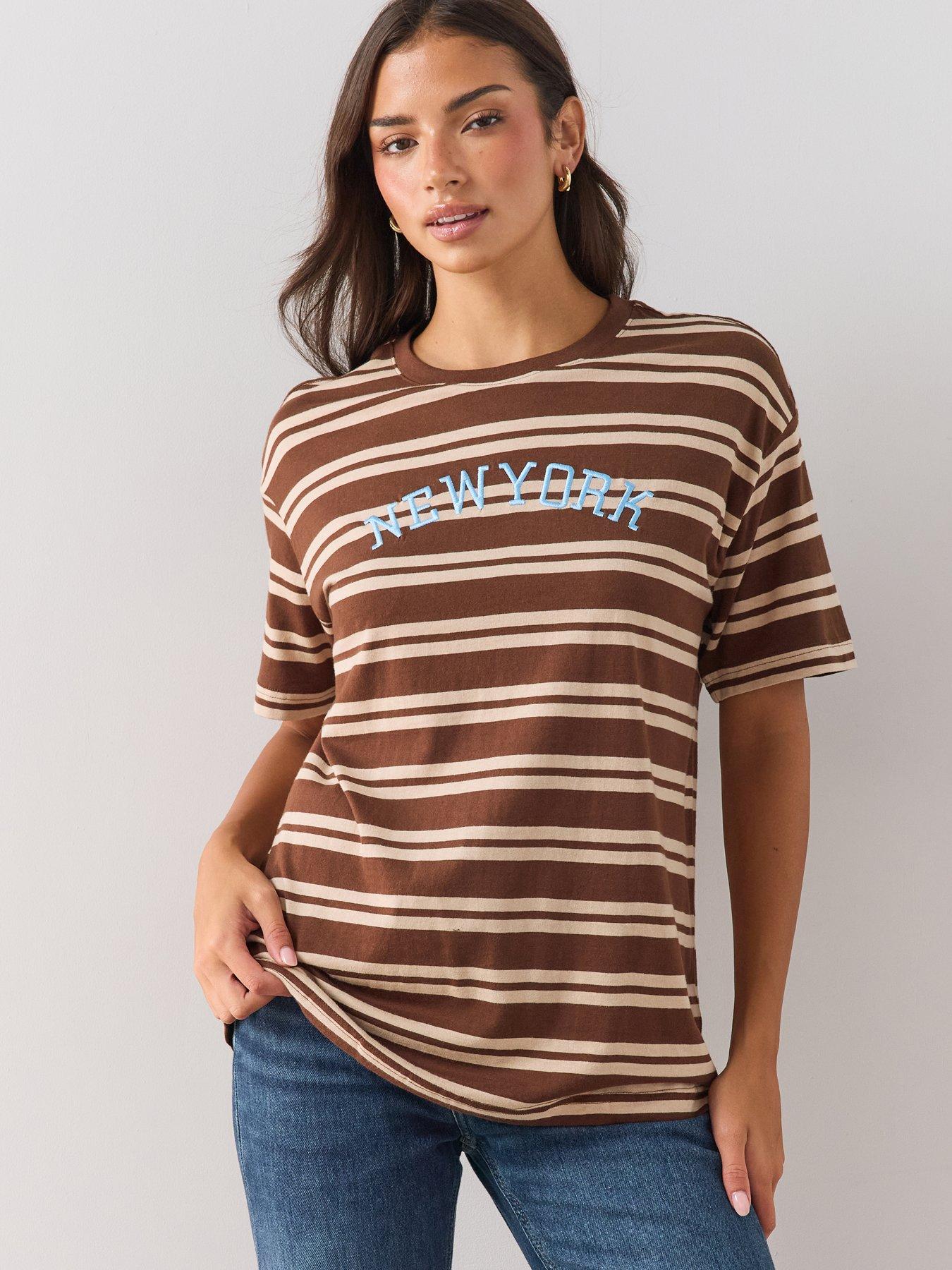 Image 1 of 6 of The Very Collection Womens Oversized New York Graphic Striped T-Shirt - Brown