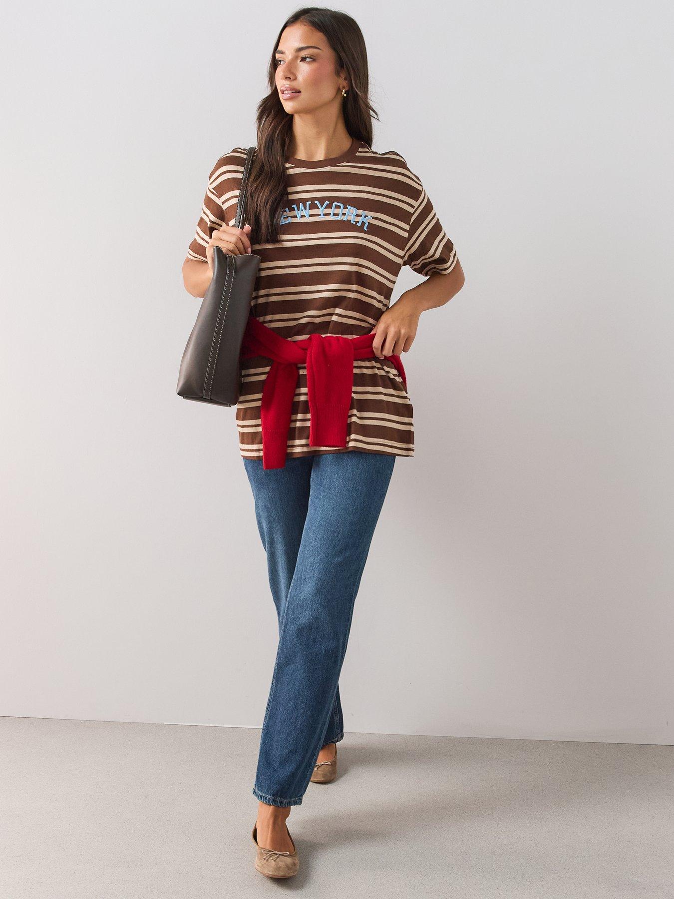Image 3 of 6 of The Very Collection Womens Oversized New York Graphic Striped T-Shirt - Brown