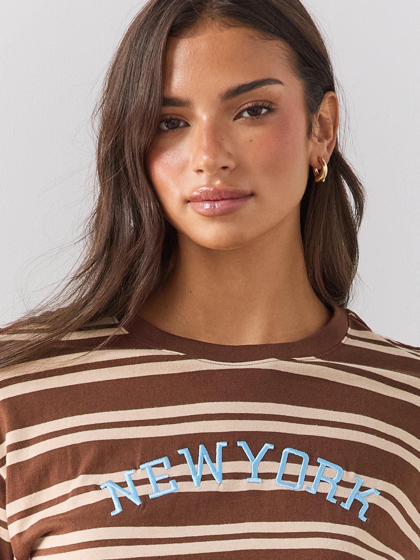 Image 4 of 6 of The Very Collection Womens Oversized New York Graphic Striped T-Shirt - Brown