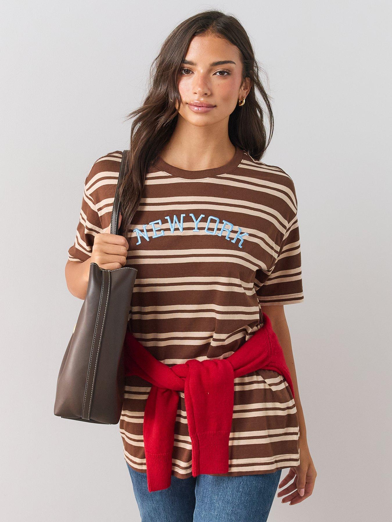 Image 5 of 6 of The Very Collection Womens Oversized New York Graphic Striped T-Shirt - Brown