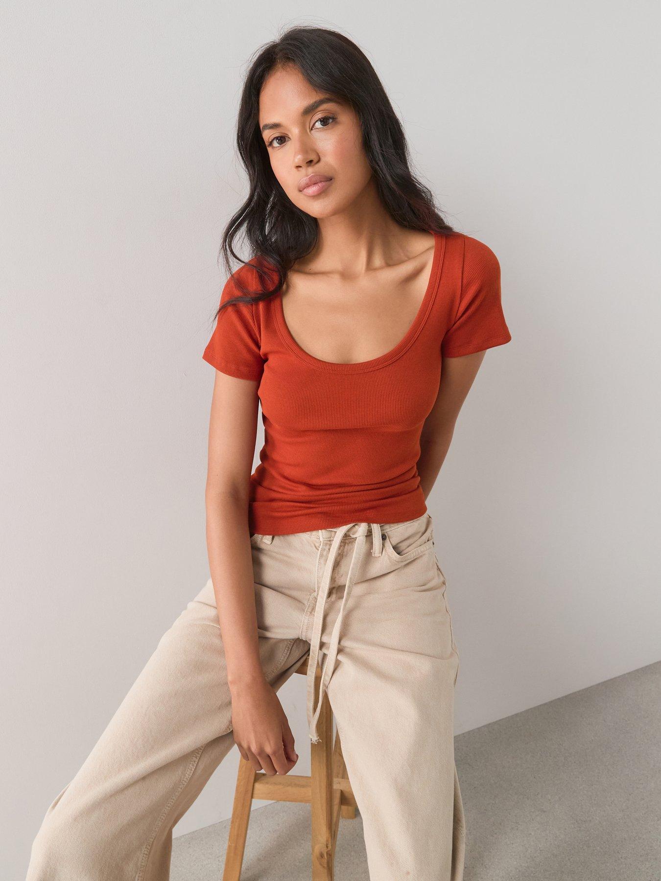 The Very Collection Stretch Rib Scoop Neck T-Shirt - Rust