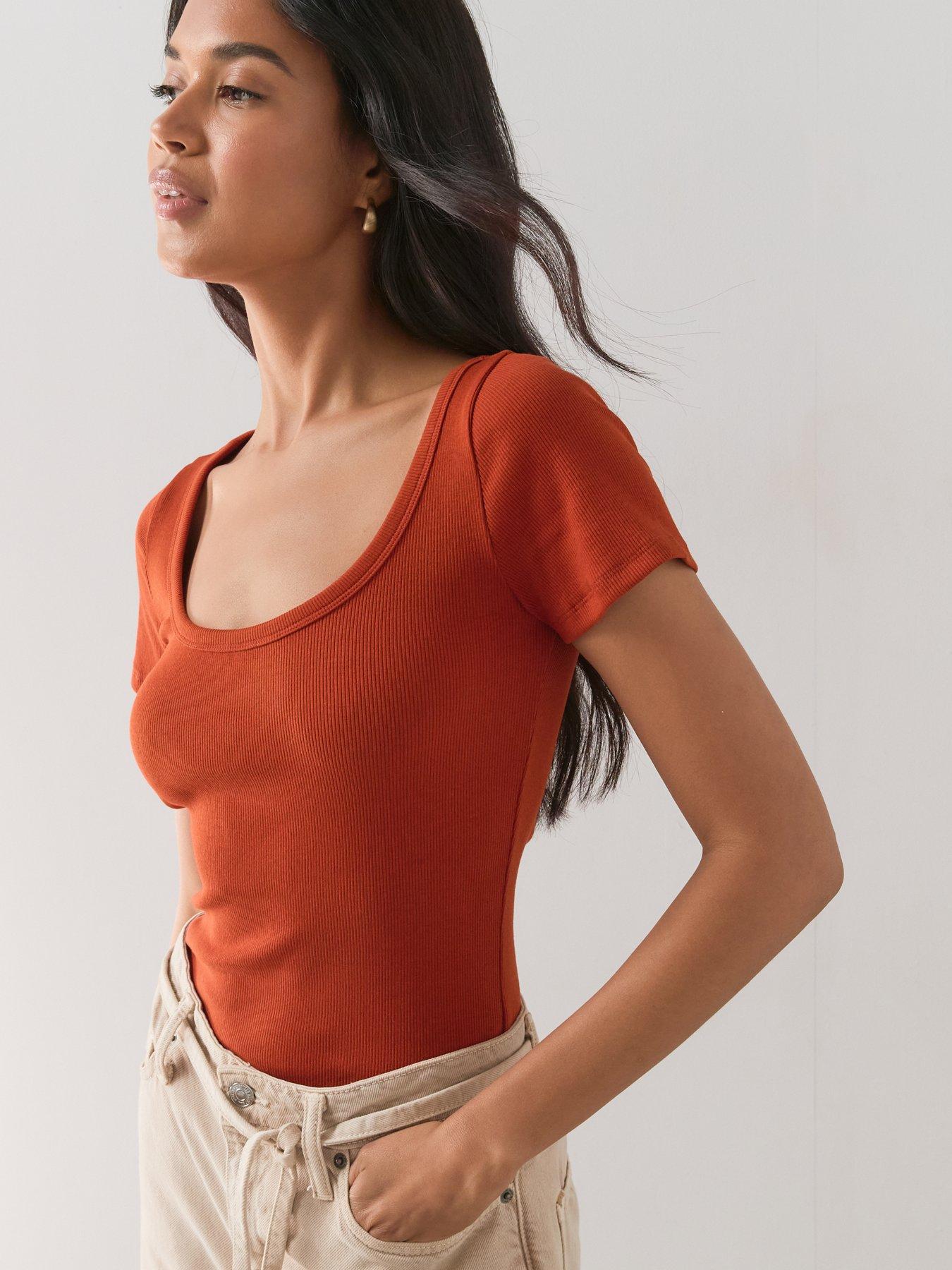 Image 4 of 7 of The Very Collection Stretch Rib Scoop Neck T-Shirt - Rust