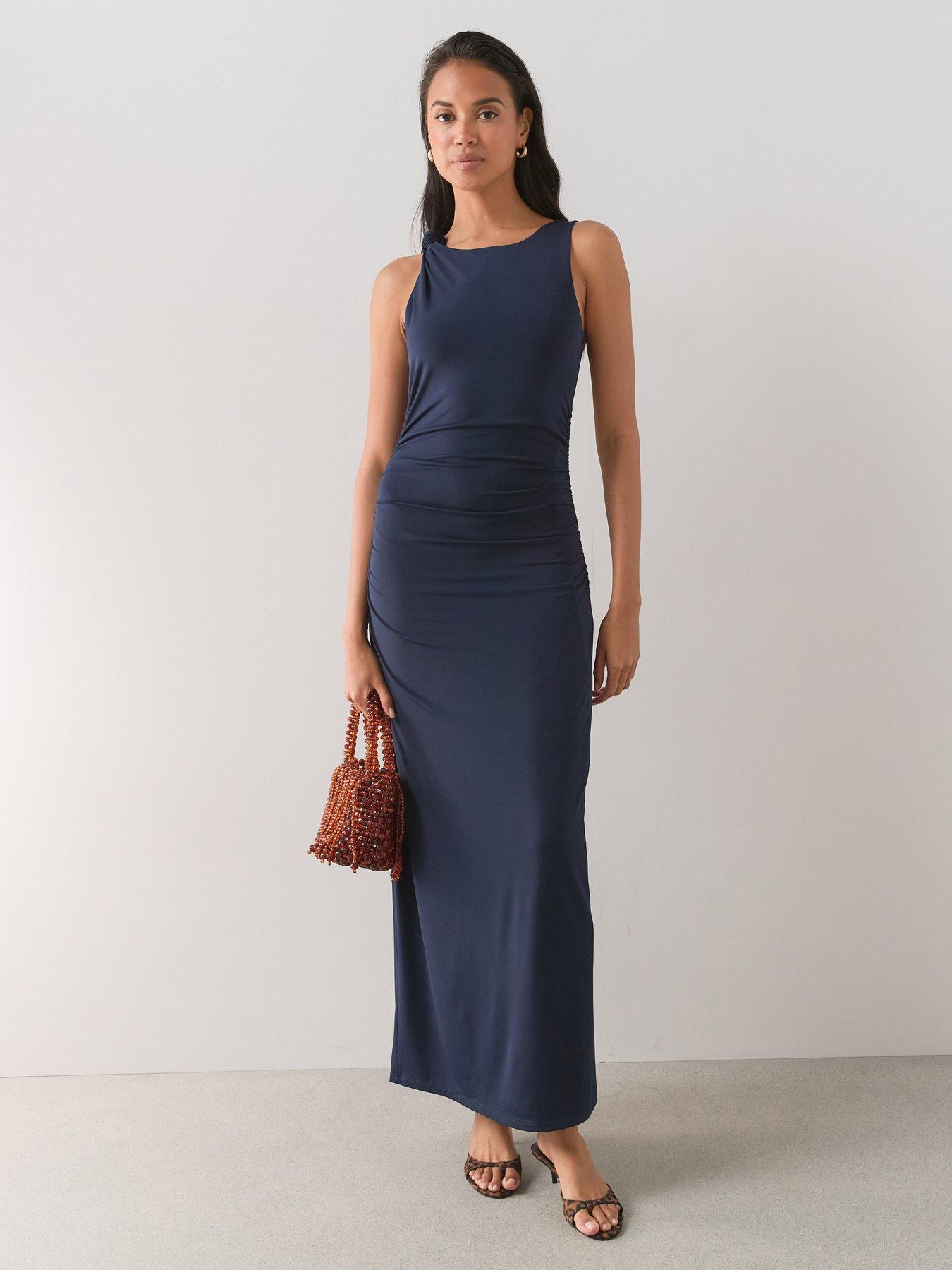 Image 1 of 7 of The Very Collection Knot Shoulder Ruched Midi Dress - Navy