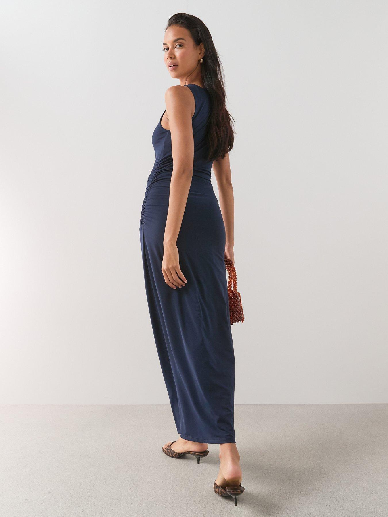Image 2 of 7 of The Very Collection Knot Shoulder Ruched Midi Dress - Navy