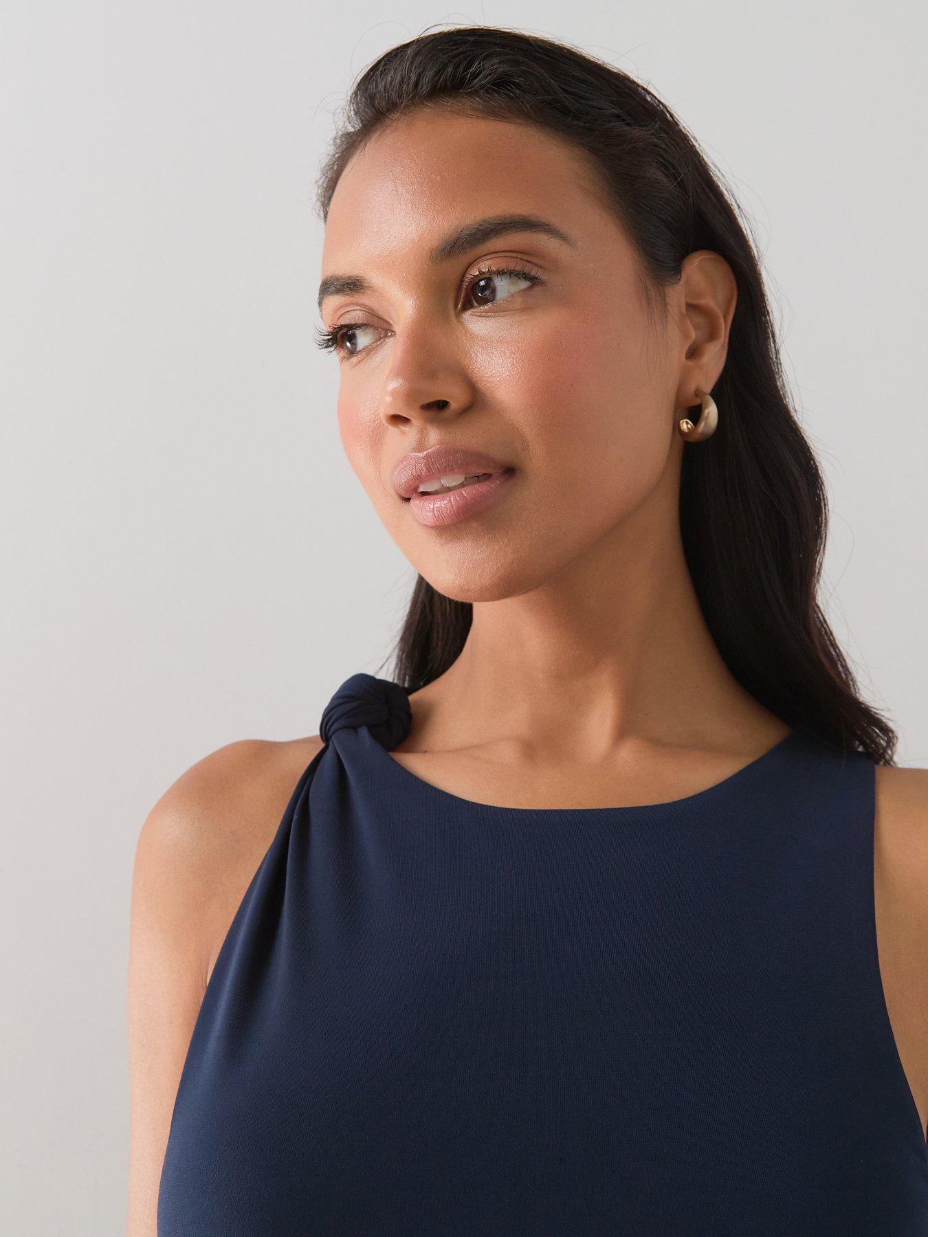 Image 4 of 7 of The Very Collection Knot Shoulder Ruched Midi Dress - Navy