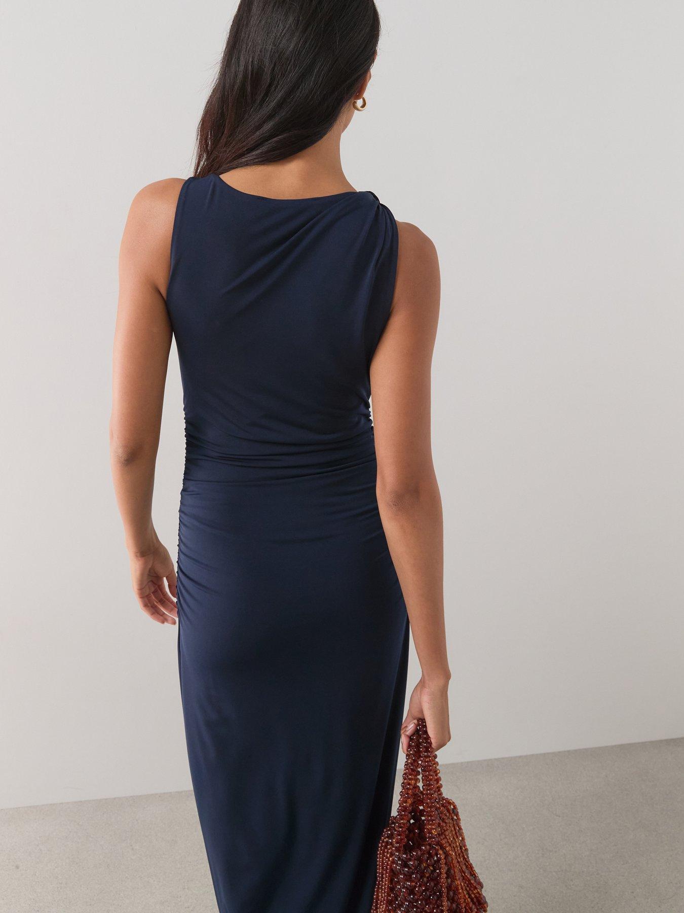 Image 6 of 7 of The Very Collection Knot Shoulder Ruched Midi Dress - Navy