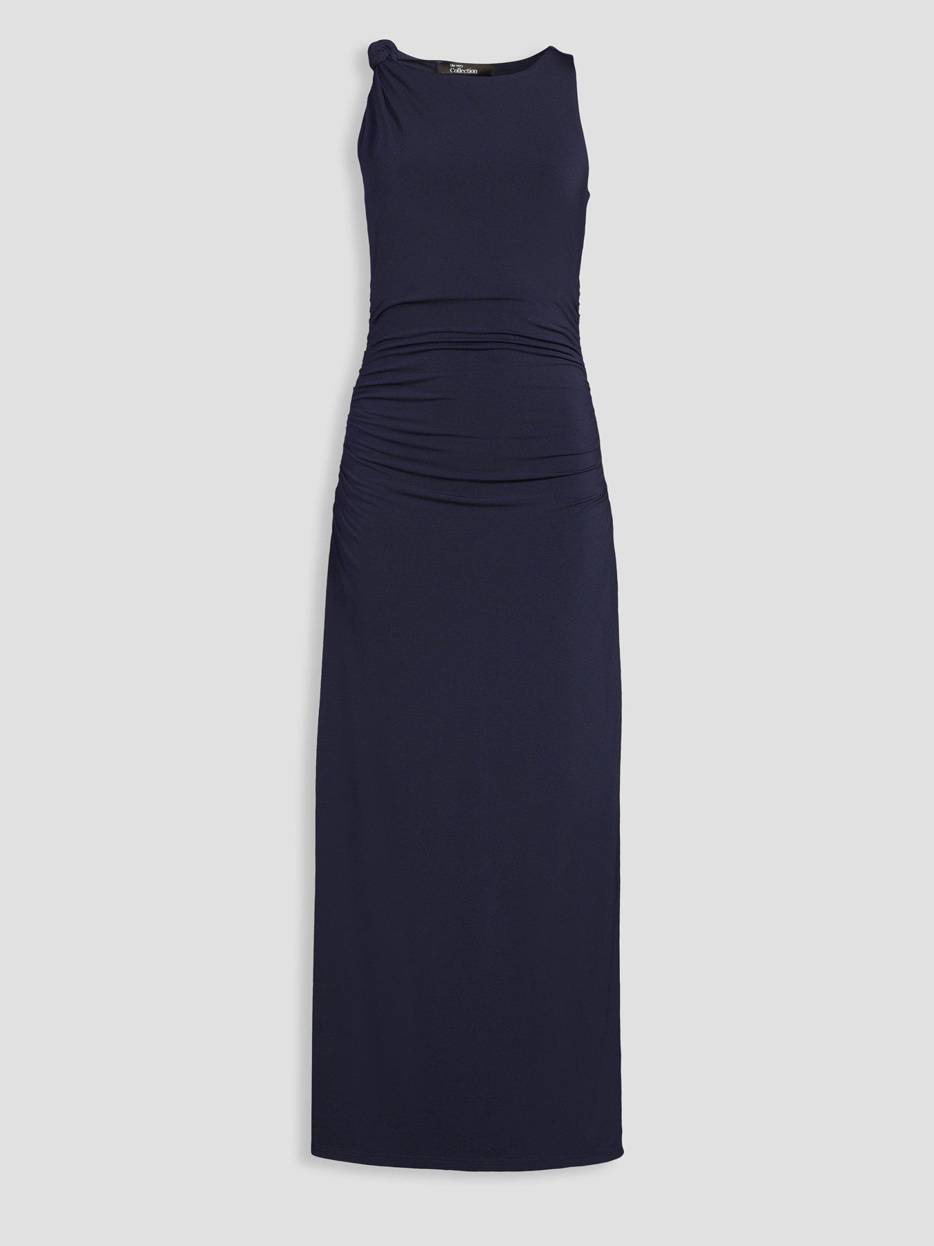 Image 7 of 7 of The Very Collection Knot Shoulder Ruched Midi Dress - Navy