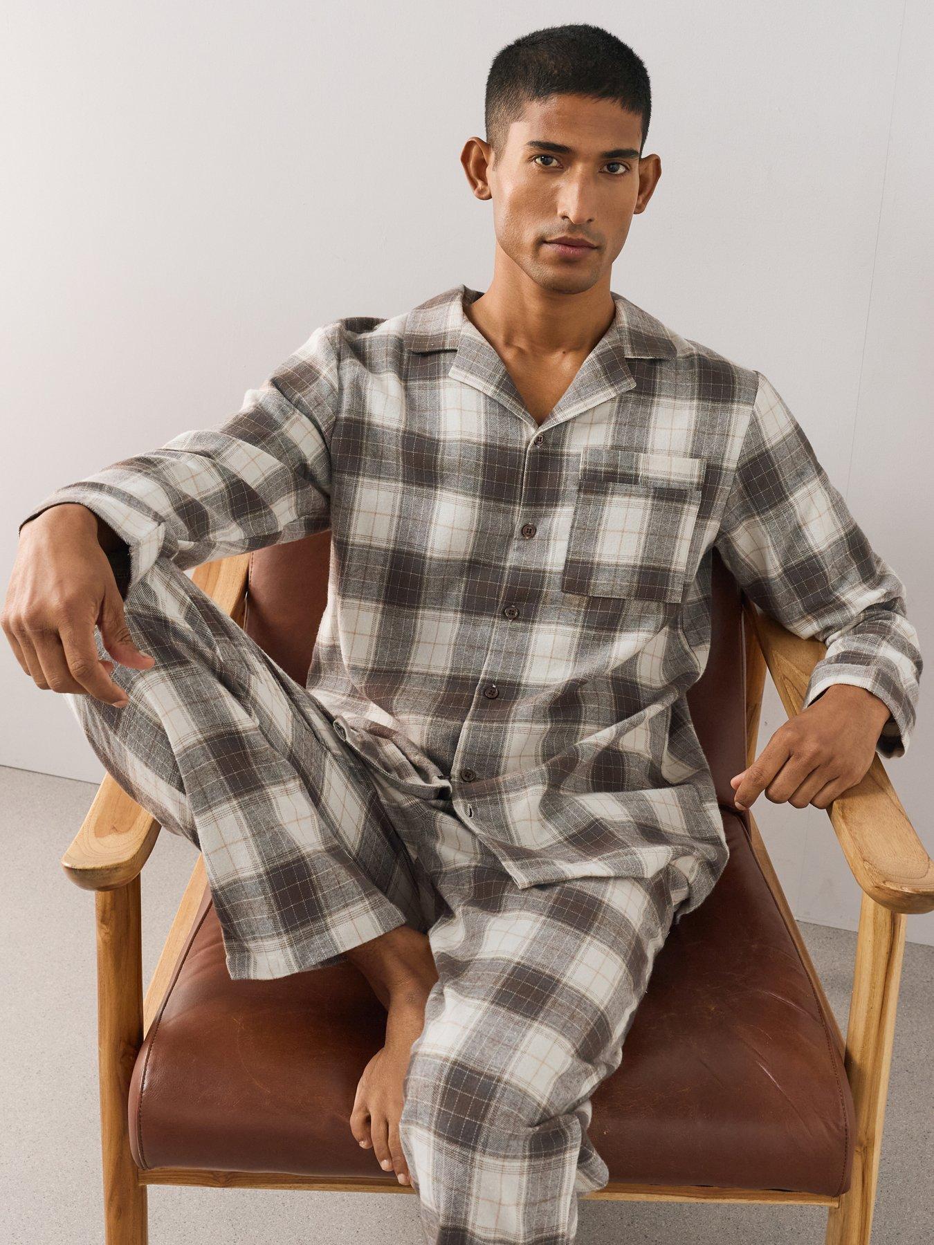The Very Collection Men's Pure Cotton Brushed Revere Pyjama Set - Brown