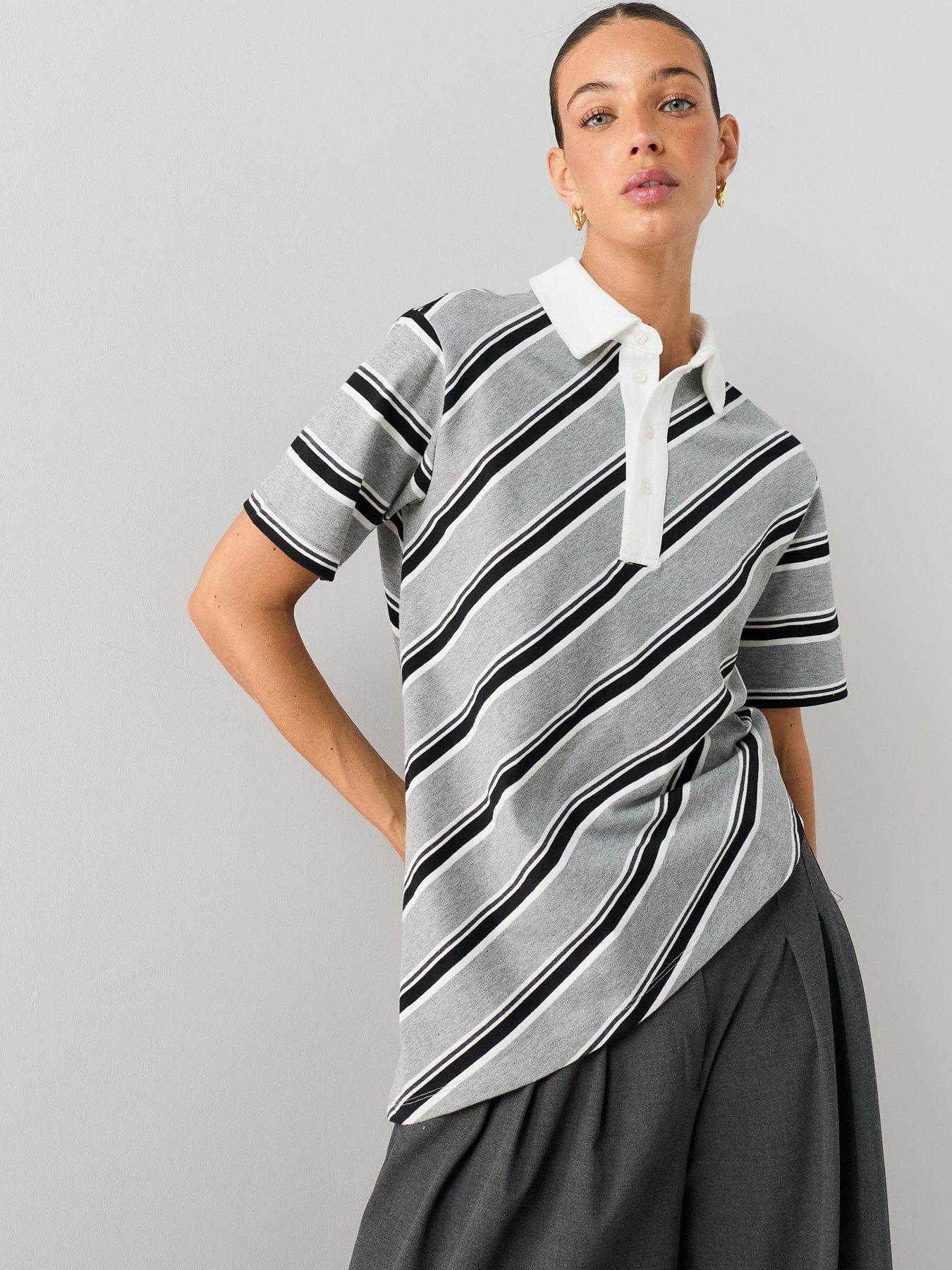 The Very Collection Asymmetric Short Sleeve Rugby Tee - Grey/black