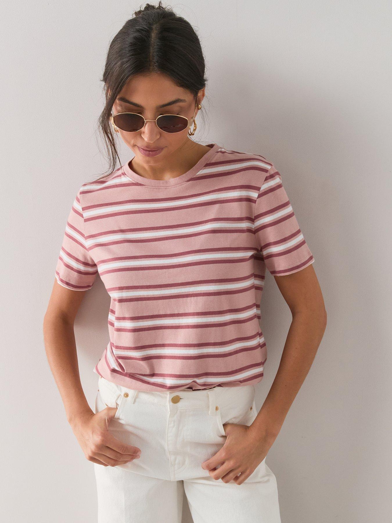 Image 1 of 7 of The Very Collection Crew Neck Stripe T-Shirt - Pink