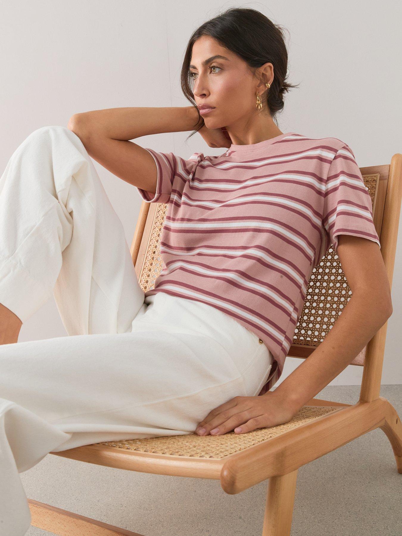 Image 6 of 7 of The Very Collection Crew Neck Stripe T-Shirt - Pink