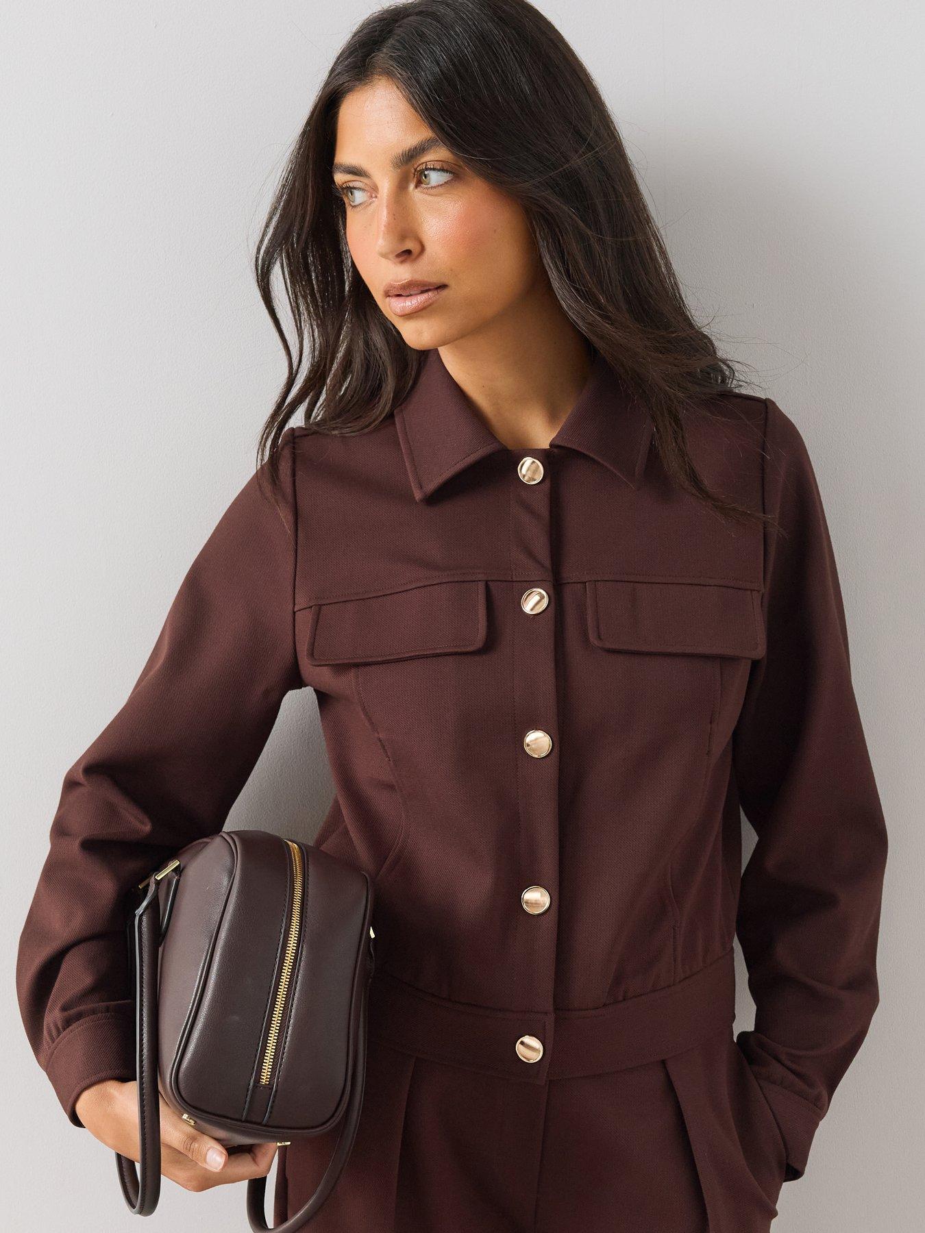 Image 1 of 6 of The Very Collection Womens Structured Button-Up Stretch Jersey Jacket - Brown