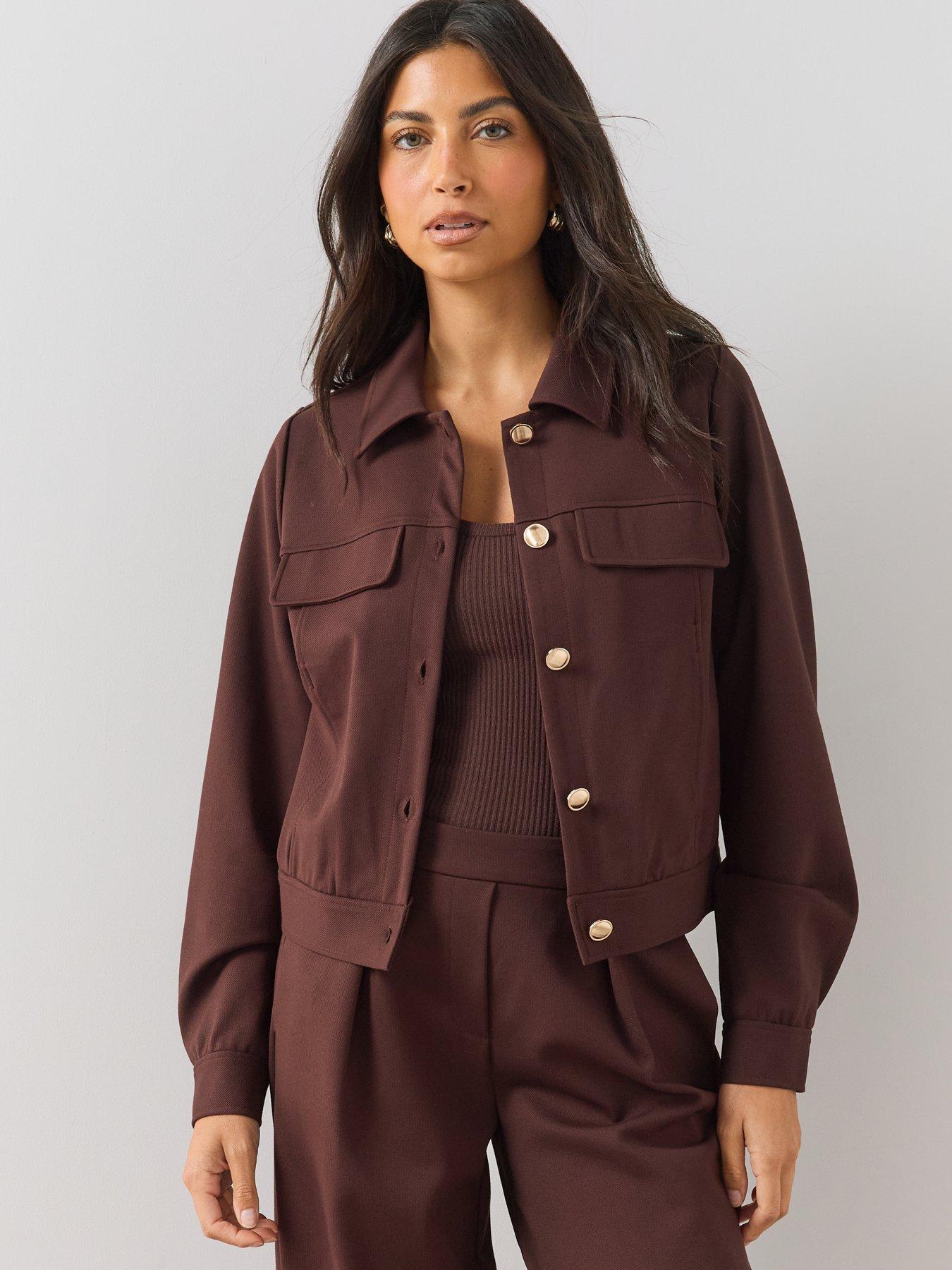 Image 4 of 6 of The Very Collection Womens Structured Button-Up Stretch Jersey Jacket - Brown