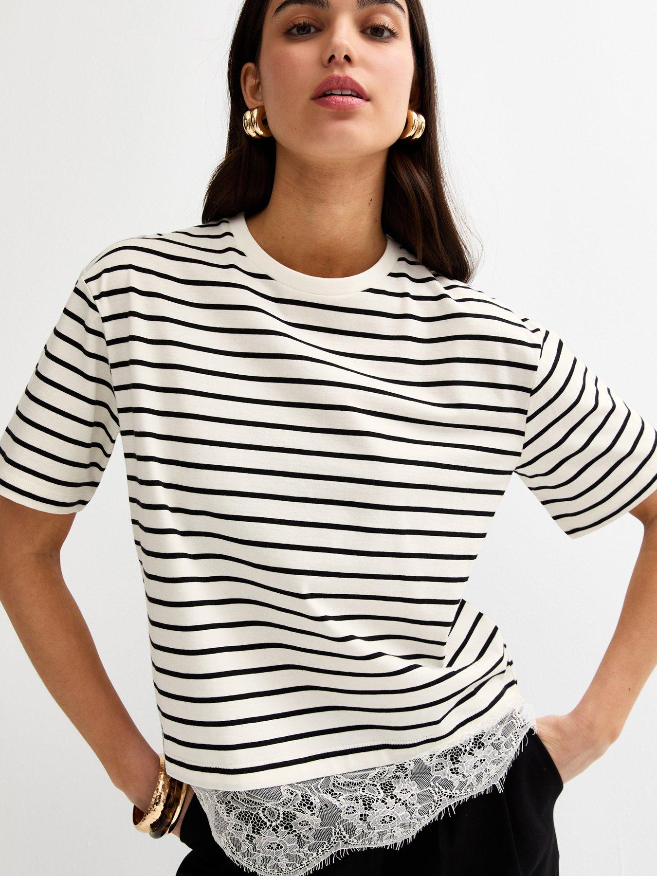 Image 1 of 5 of New Look White Striped Lace Hem Boxy T-shirt