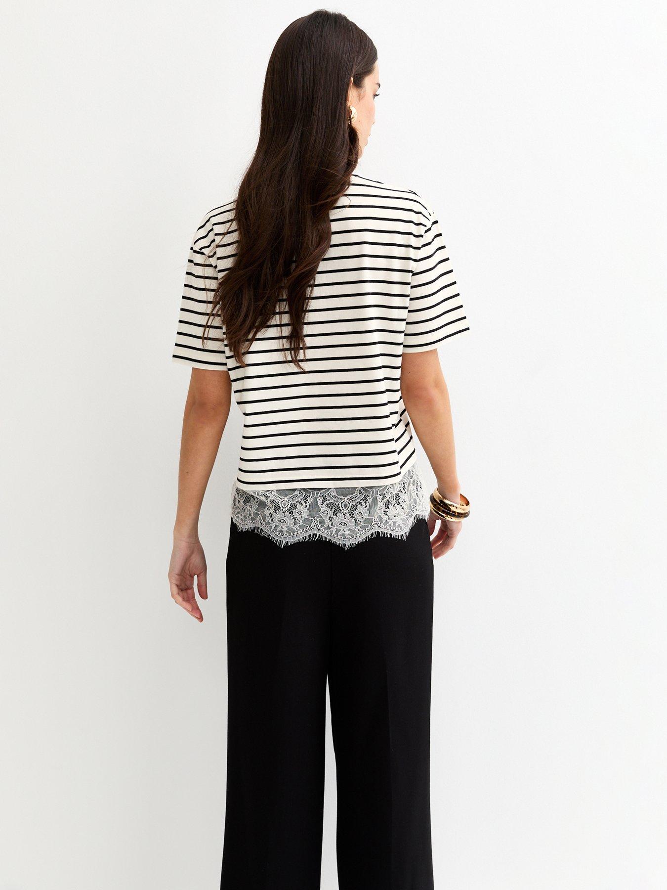 Image 2 of 5 of New Look White Striped Lace Hem Boxy T-shirt
