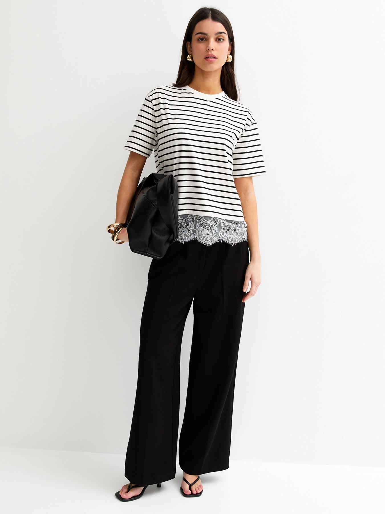 Image 3 of 5 of New Look White Striped Lace Hem Boxy T-shirt