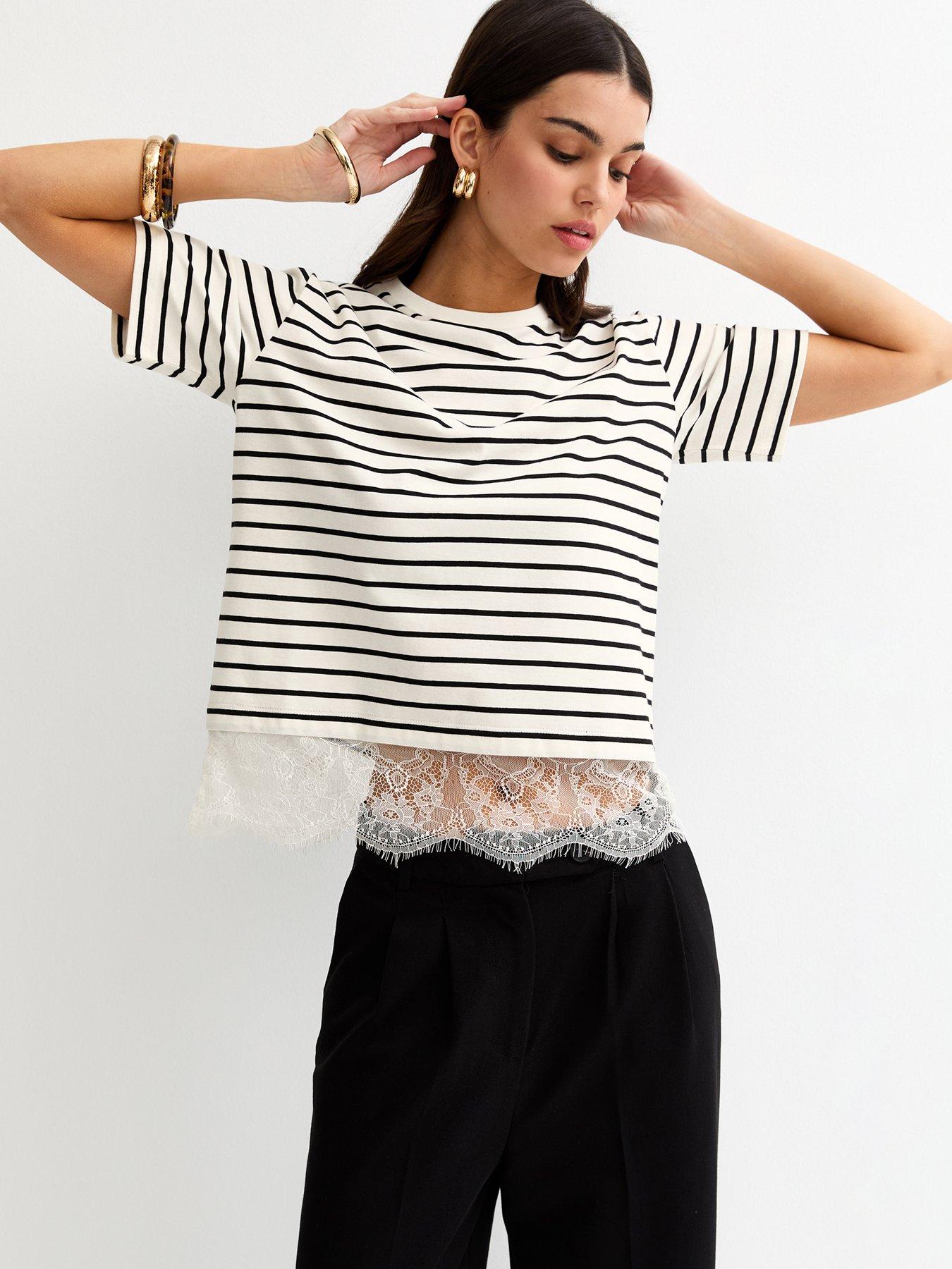 Image 4 of 5 of New Look White Striped Lace Hem Boxy T-shirt