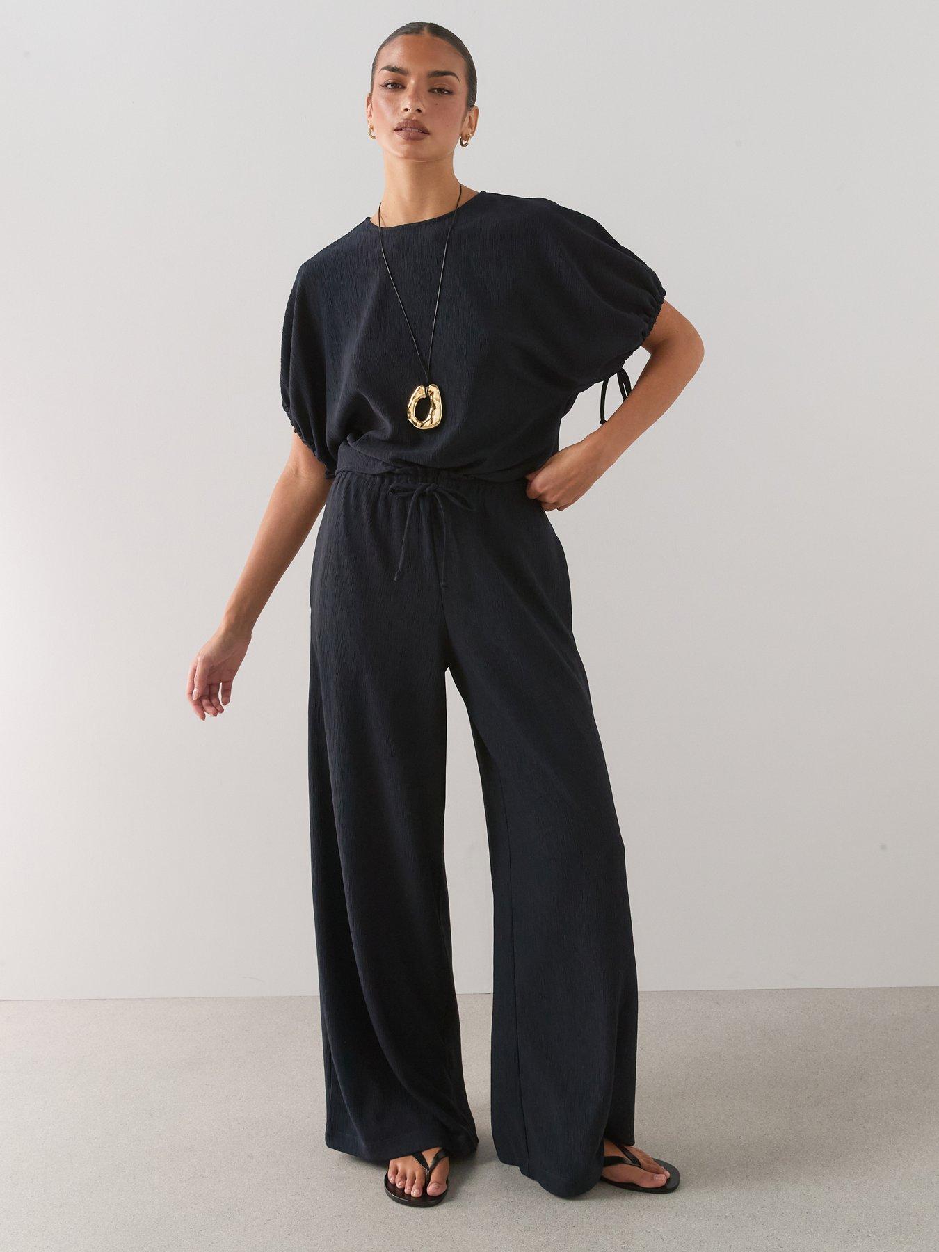 Image 1 of 6 of The Very Collection Textured Wide Leg Trouser Co-Ord - Navy